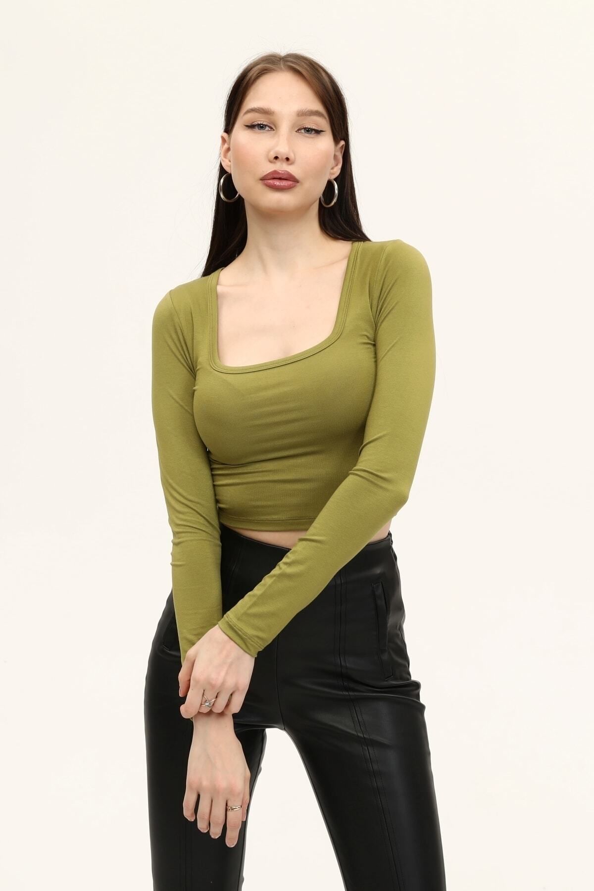 LAENT Kadın Yağ Yeşili Kare Yaka Uzun Kollu Crop Bluz
