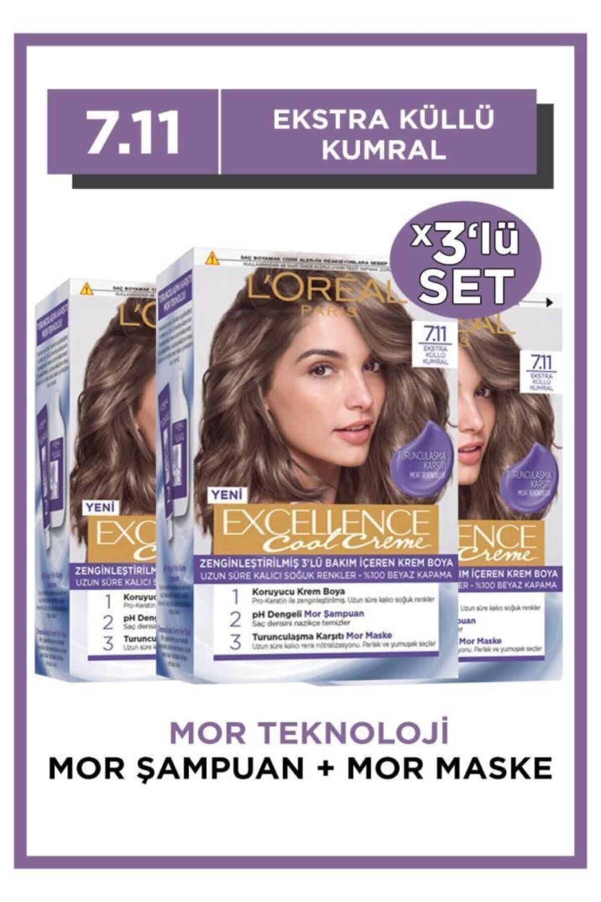L'Oreal Paris L’oréal Paris Excellence Cool Creme Saç Boyası – 7.11 Ekstra Küllü Kumral 3'lü Set