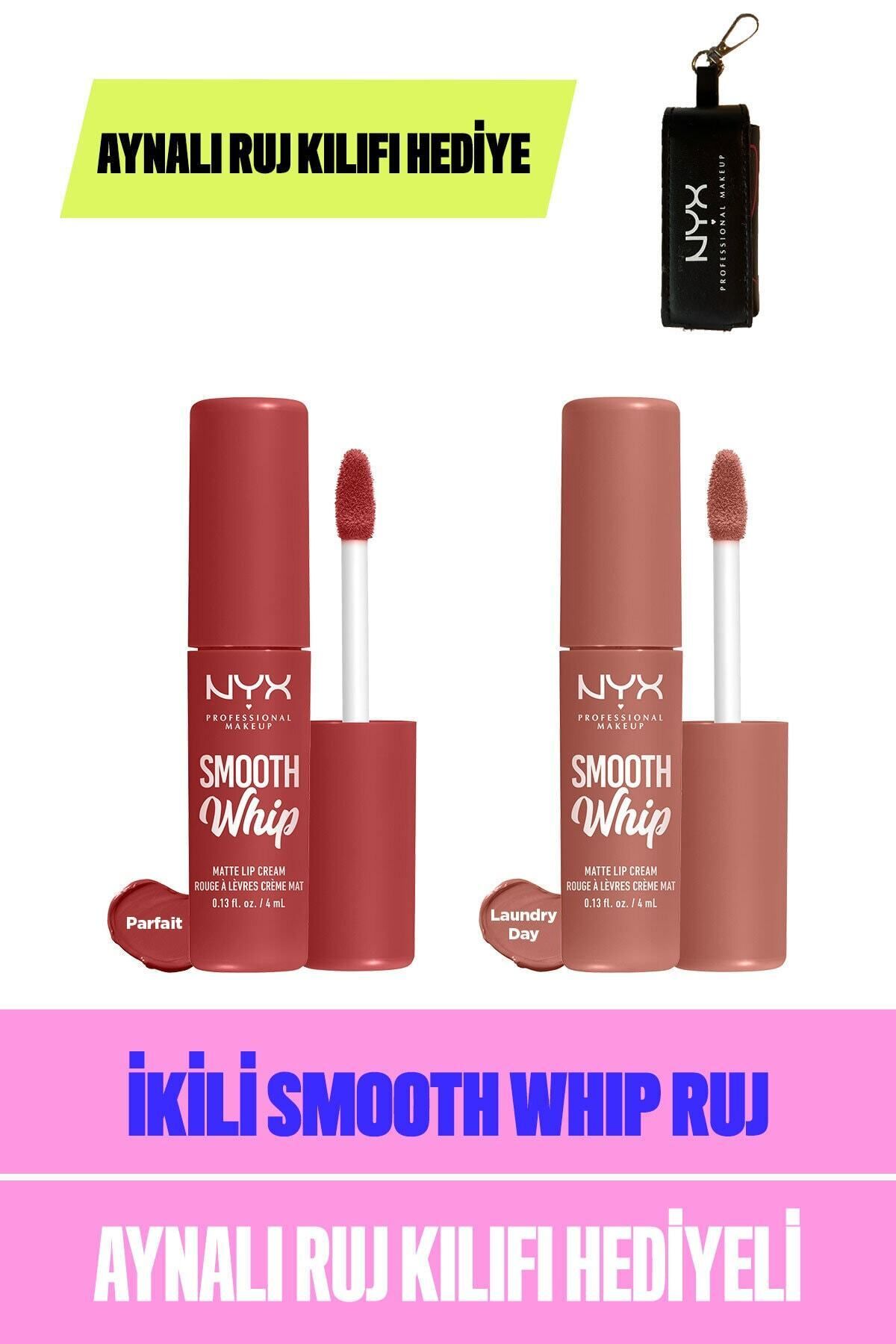 NYX Professional Makeup Smooth Whip Kremsi Likit Mat Ruj 2li Set - Parfait & Laundry Day & Aynalı Ruj Kılıfı
