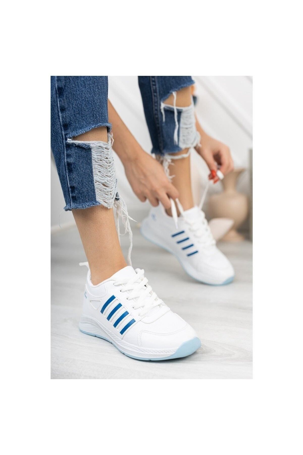 infinite8 Infinite Kadın Erkek Günlük Genç Sneaker, Ortopedikyürüyüş Ayakkabısı Beyaz Mavi