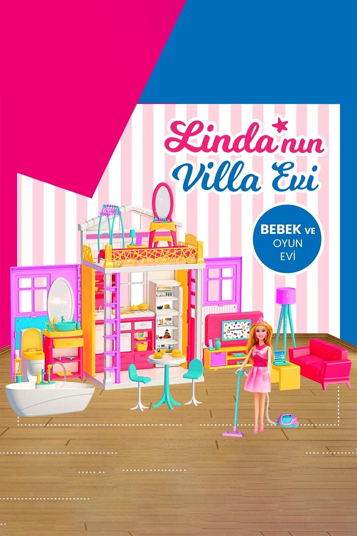 ToXA Linda'nın Villa Evi Büyük Boy 2 Katlı 4 Odalı Bebekli Barbie Bebek Rüya Ev Seti Oyun Evcilik Set