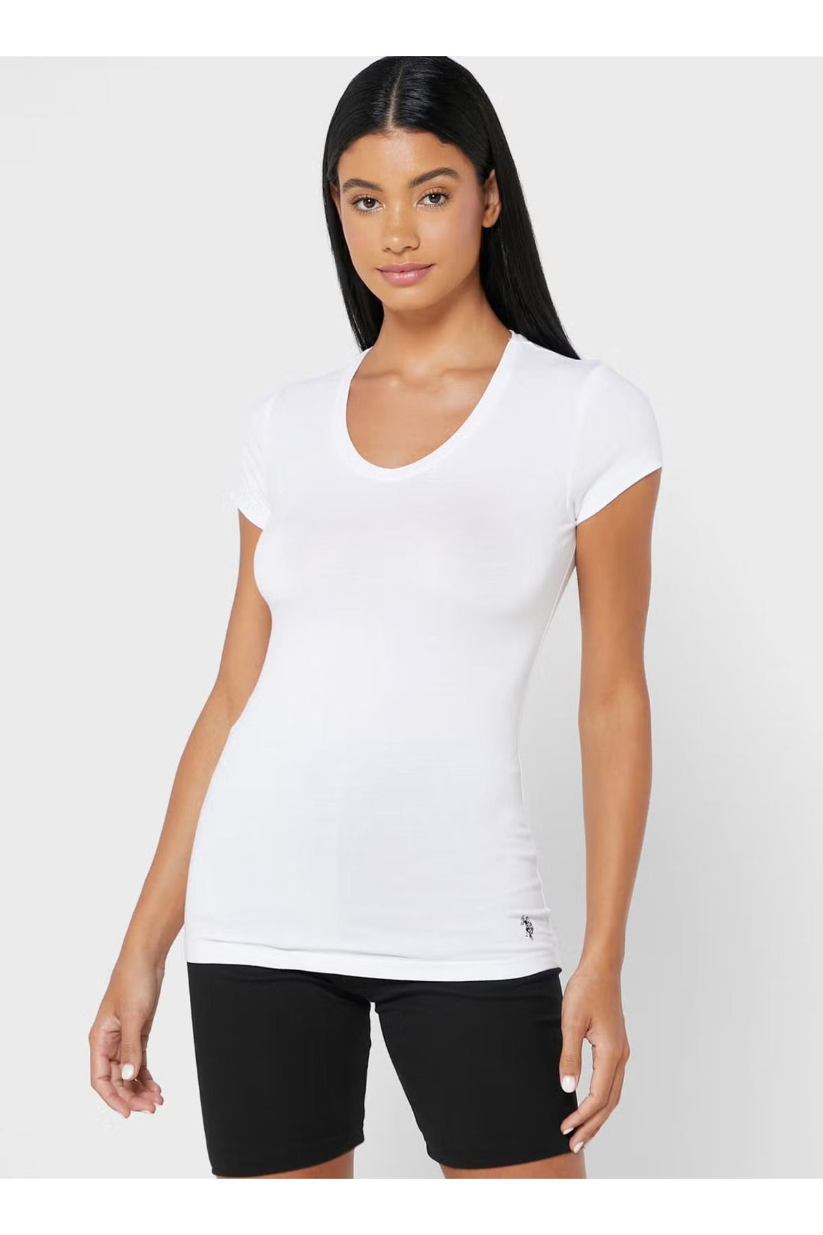U.S. Polo Assn. Kadın Pamuklu Likralı Modal Basic V Yakalı Kısa Kollu Beyaz T-shirt