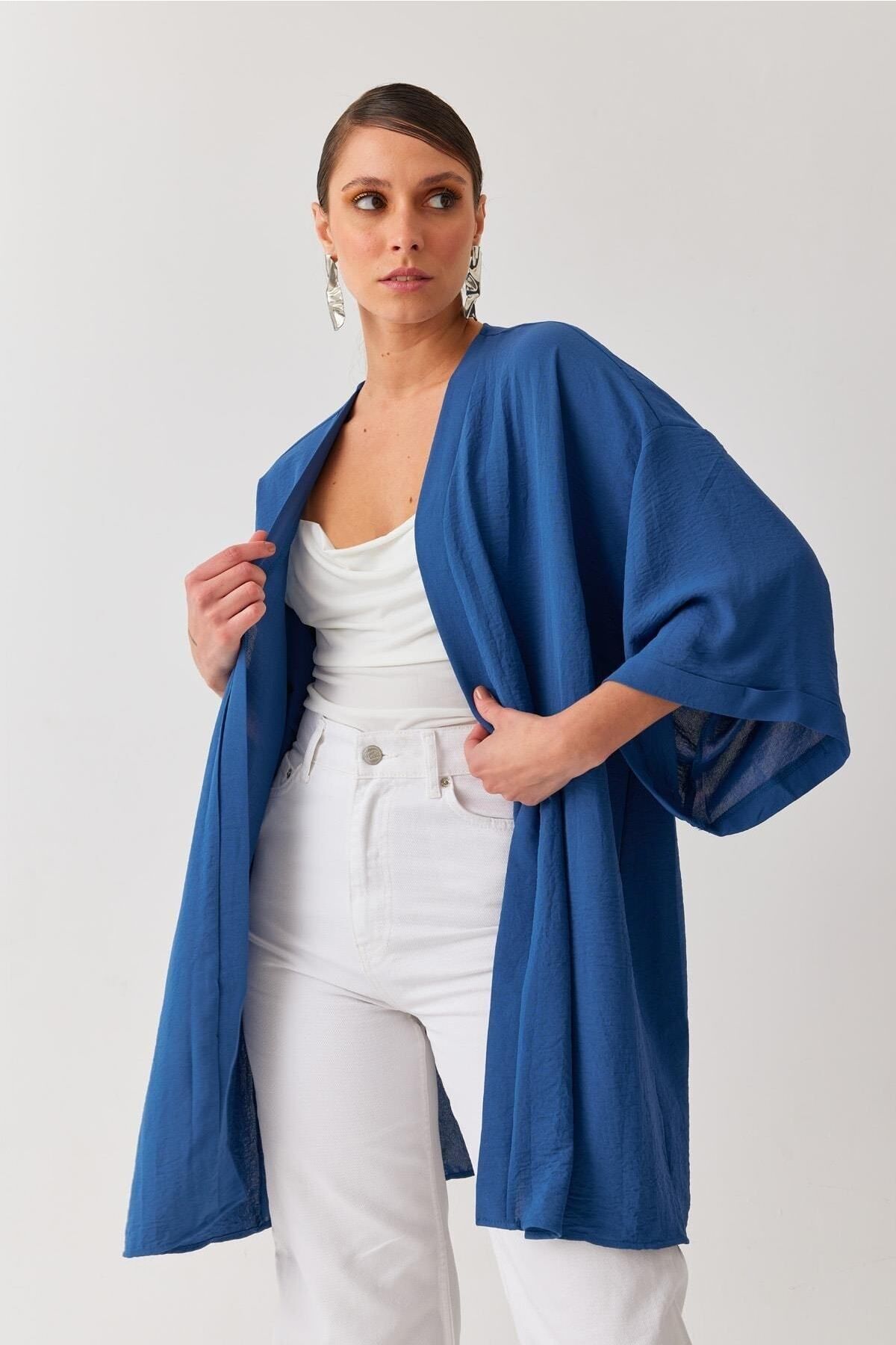 DOSSE BUTİK Indigo Mavi Geniş Kollu Kimono Ceket