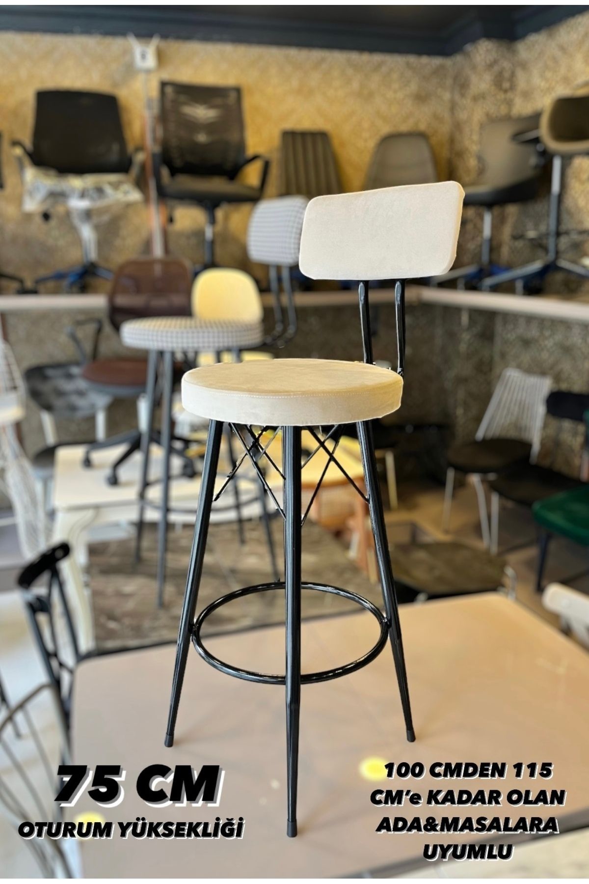 Sandalye Shop Yeni Mila Bar Sandalyesi 75 Cm Kırıkbeyaz Babyface Kumaş,100 Ile 115 Cme Kadar Olan Masalara Uyumlu