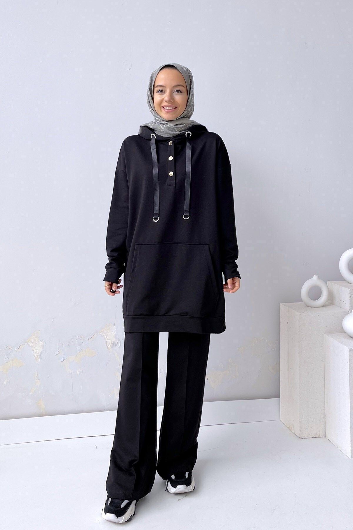 Ka Hijab Çıtçıt Detay Bol Paça Tesettür Takım - Siyah