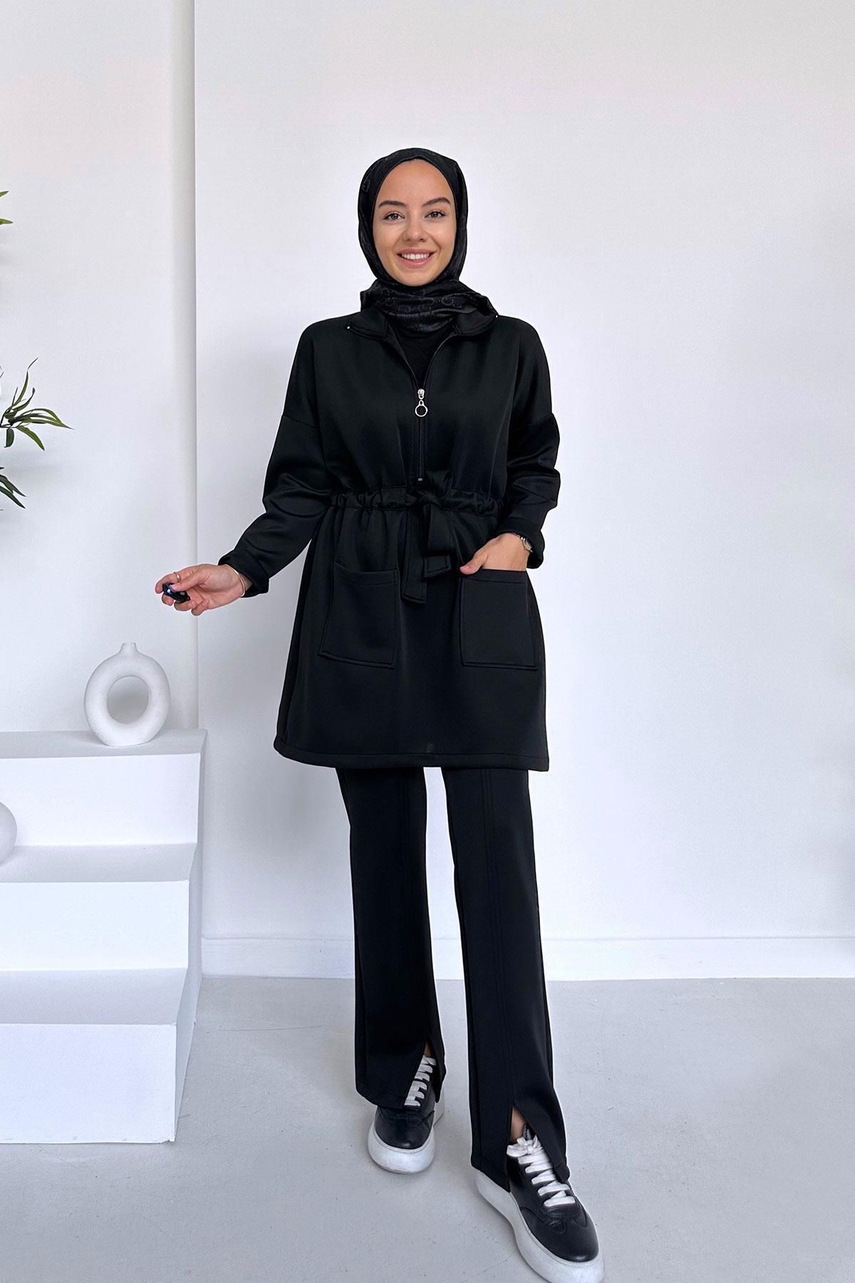 Ka Hijab Yırtmaç Detay Çift Cep Scuba Tesettür Takım - Siyah