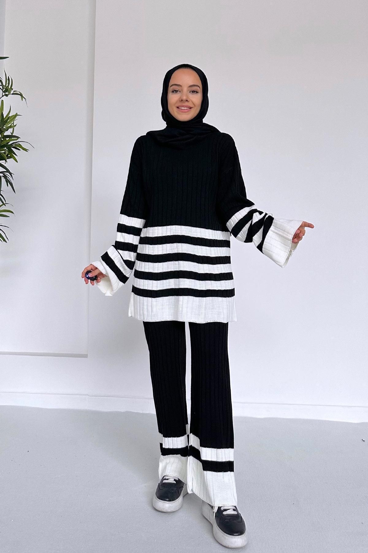 Ka Hijab Çift Renk Çizgili Tesettür Triko Takım - Siyah