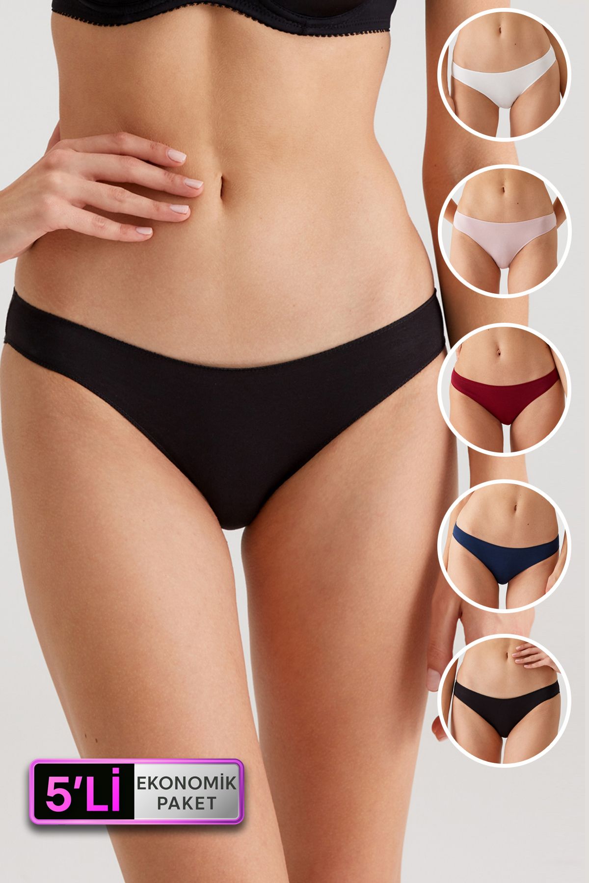 Pierre Cardin Kadın 5'li Ekonomik Paket Siyah-lacivert-bordo-pudra-ekru 2050 No Show Pamuklu Basic Bikini Slip