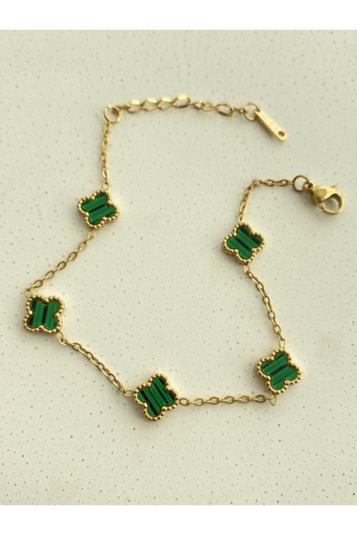 Rednose Yeşil yonca motif gold çelik bileklik en 1 cm 16+6cm