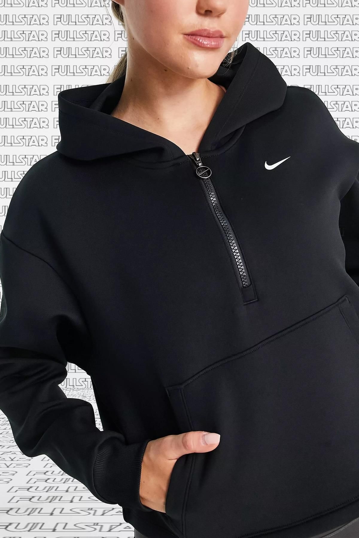 Nike Dri Fit Graphic Glitter Hoodie 1/4 Zip Yarım Fermuarlı Kapüşonlu Sweatshirt Siyah