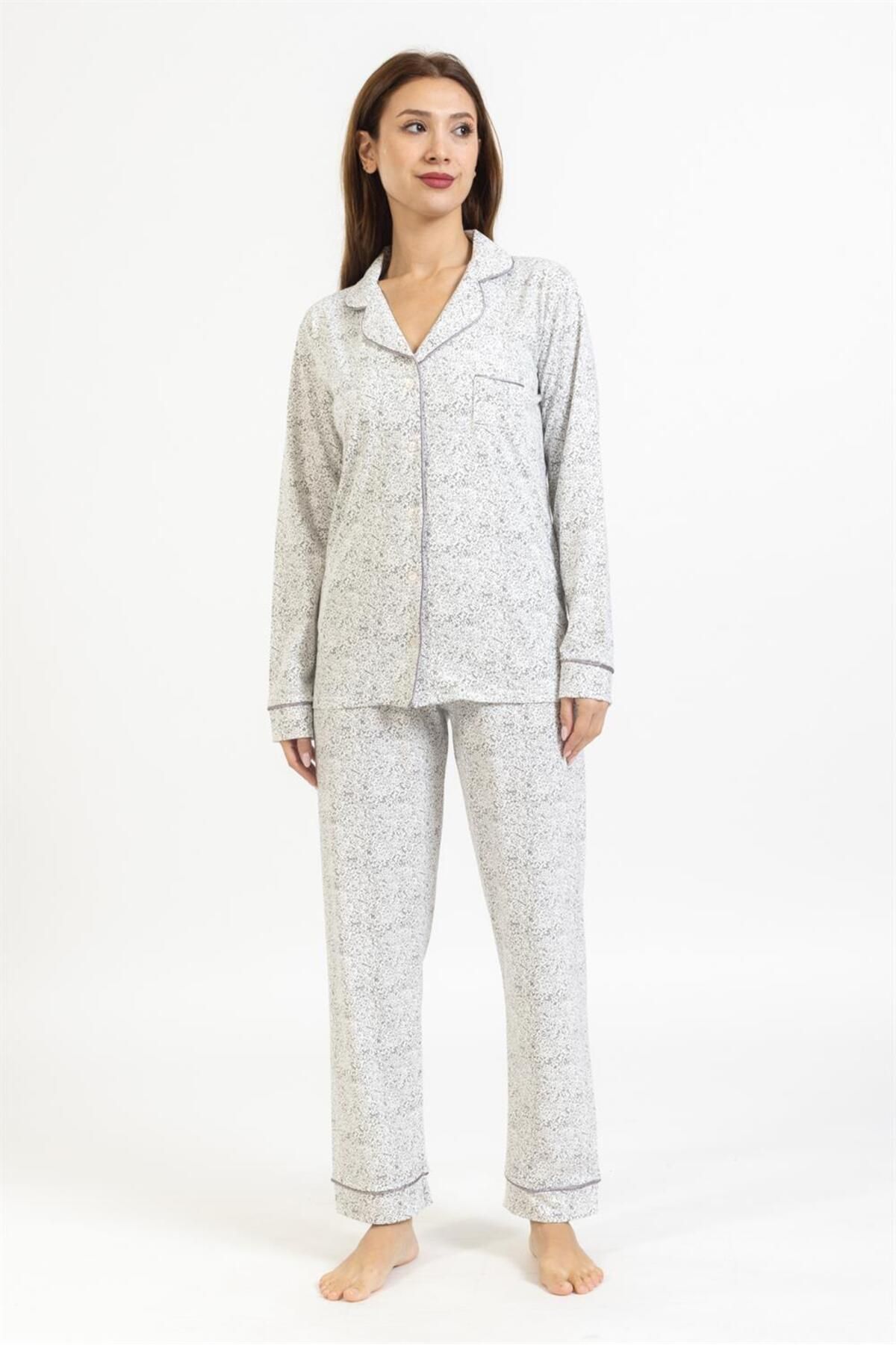 Villager&Son Vs Desenli Penye U.kol Pijama Takım Gri Beyaz Çiçekli