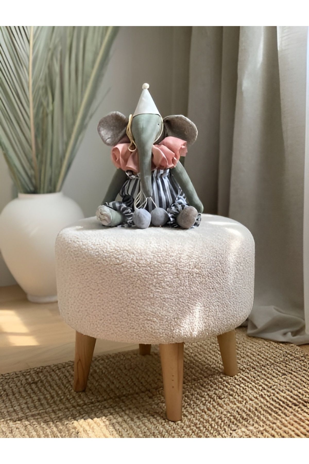 Onouqo Çocuk Boy Ahşap Ayak Iskandinav Tarzı Dekoratif Teddy Kumaş Puf Tabure Bench Koltuk Sandalye