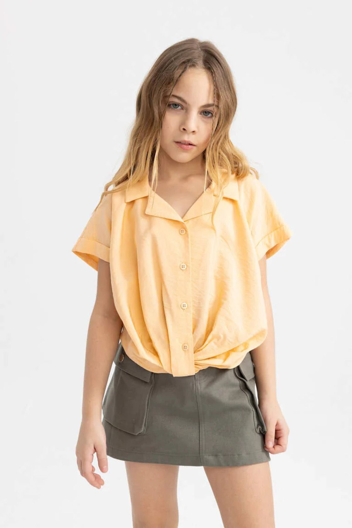 Defacto Kız Çocuk Crop Kısa Kollu Gömlek