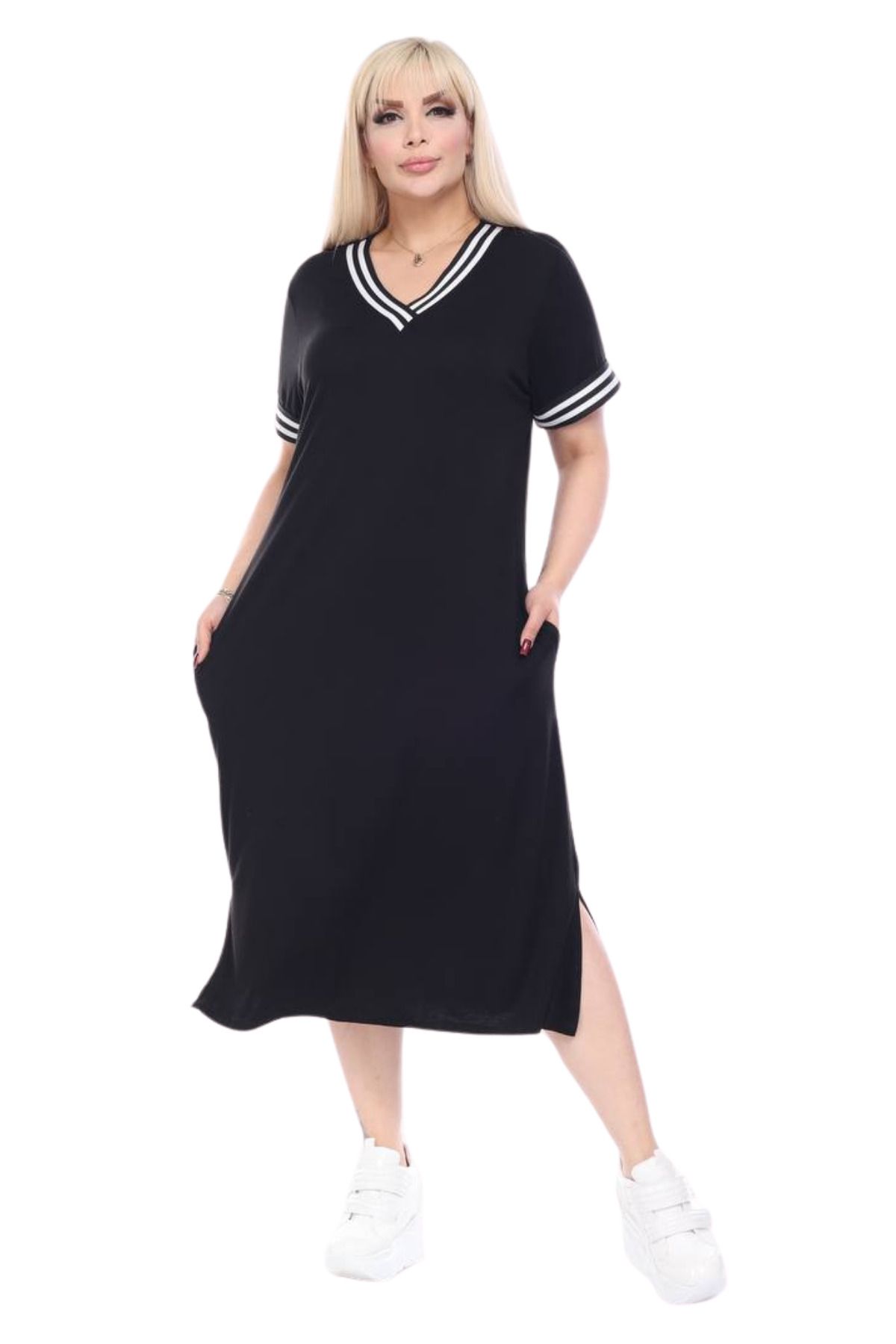 MELSAY Kadın Büyük Beden Kısa Kollu Siyah Yakası Şeritli V Yaka Viskon Elbise