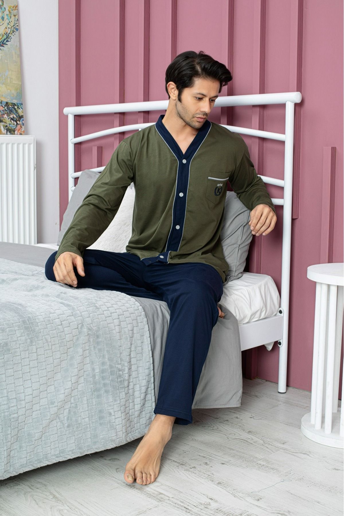 Meba Erkek Uzun Kollu Altı Uzun Önden Düğmeli Cepli %100 Pamuk Haki Pijama Takımı 5818