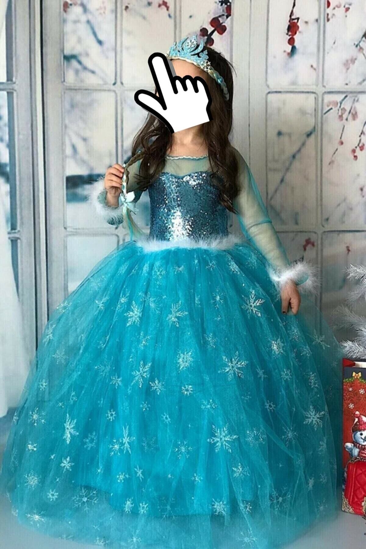 Parti Selesi Karlar Ülkesi Frozen Elsa Kostüm Mavi Tarlatanlı Uzun Kollu Elbise Kız Çocuk Kıyafet