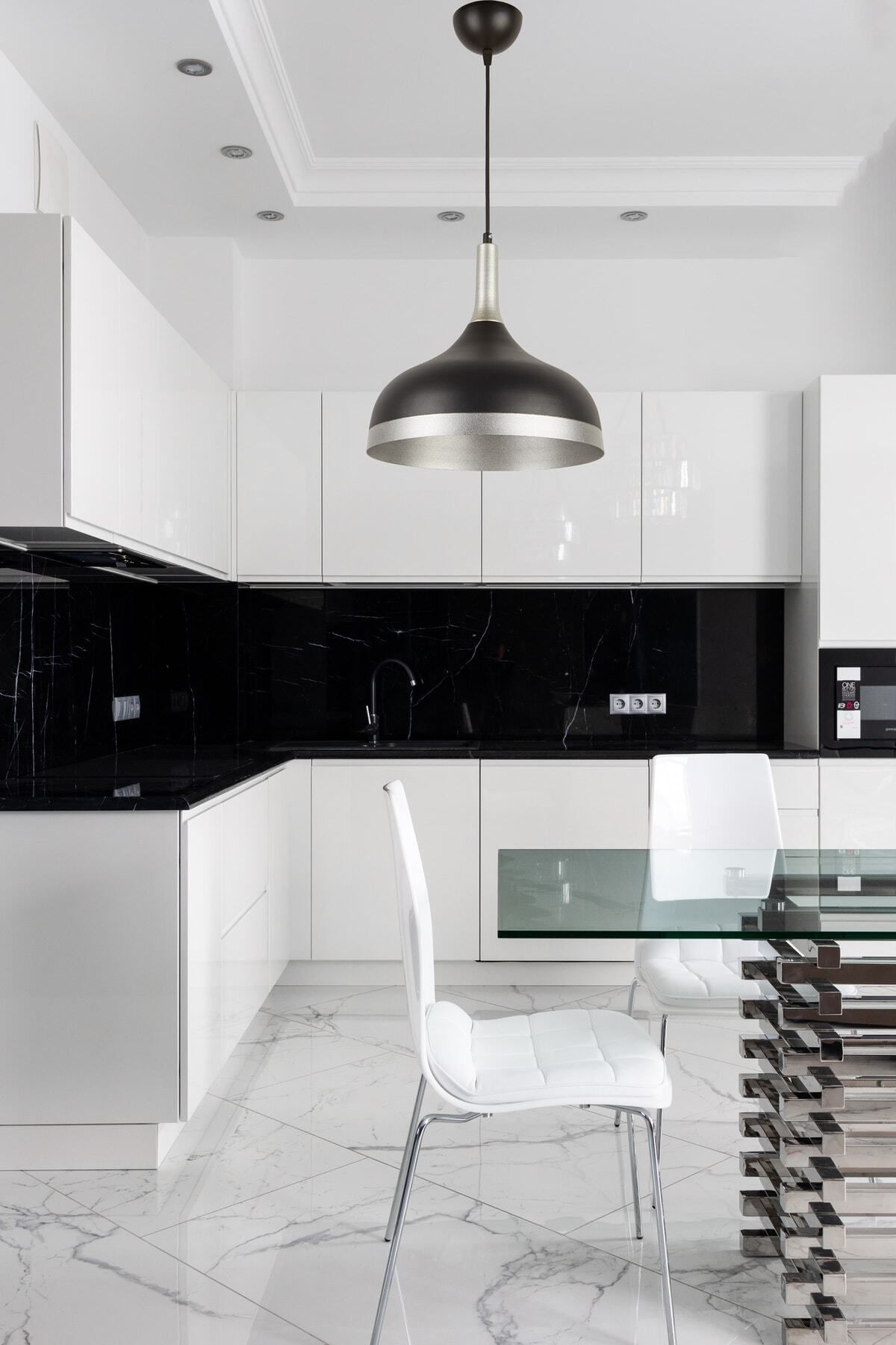 Modavize Marco Özel Tasarım Modern Dekoratif Cafe Mutfak Salon Siyah Içi Gümüş Sarkıt Tekli Avize