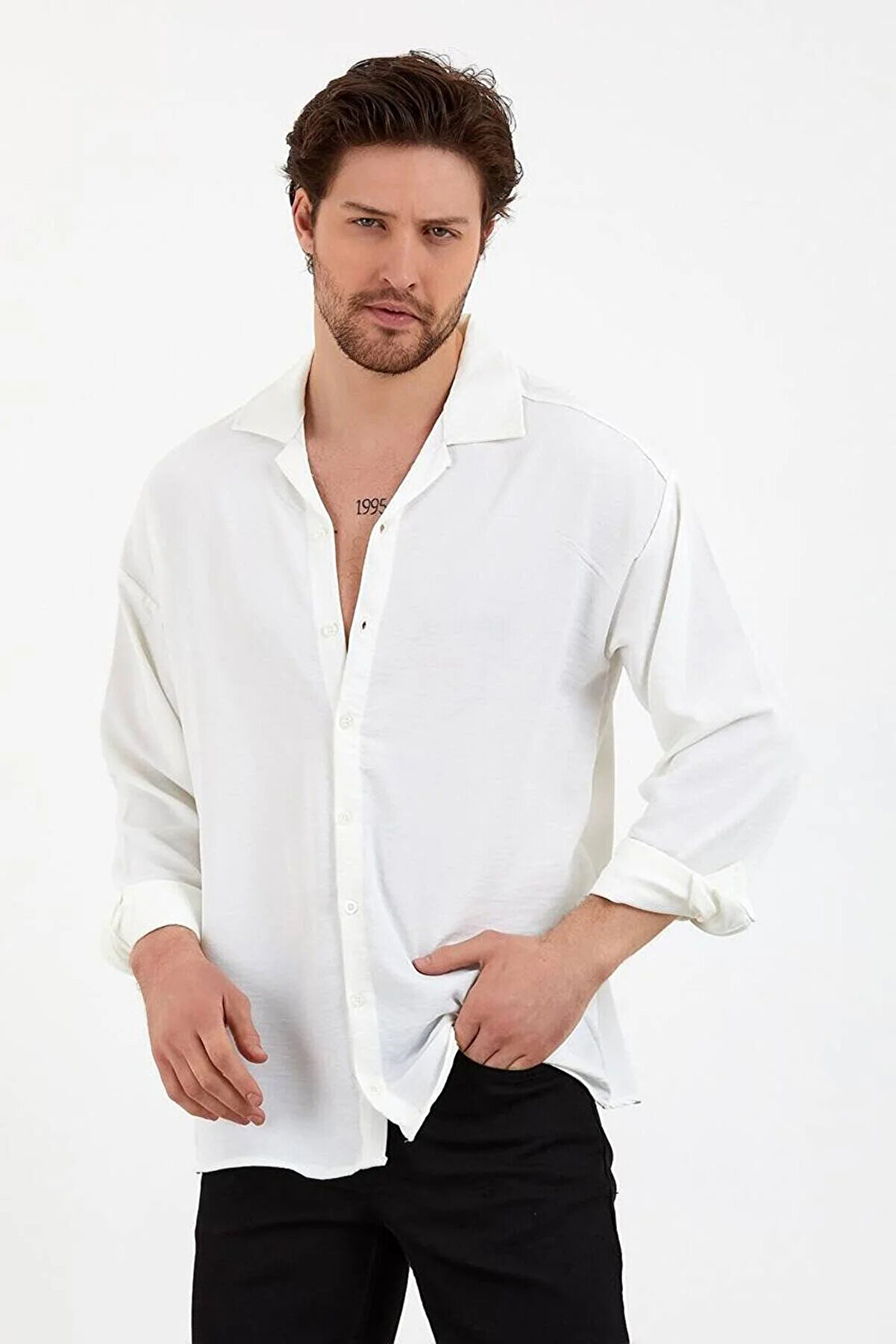 Gray Clothing Dokulu Oversize Yazlık Keten Beyaz Erkek Gömlek Bol Kalıp - Uzun Kollu