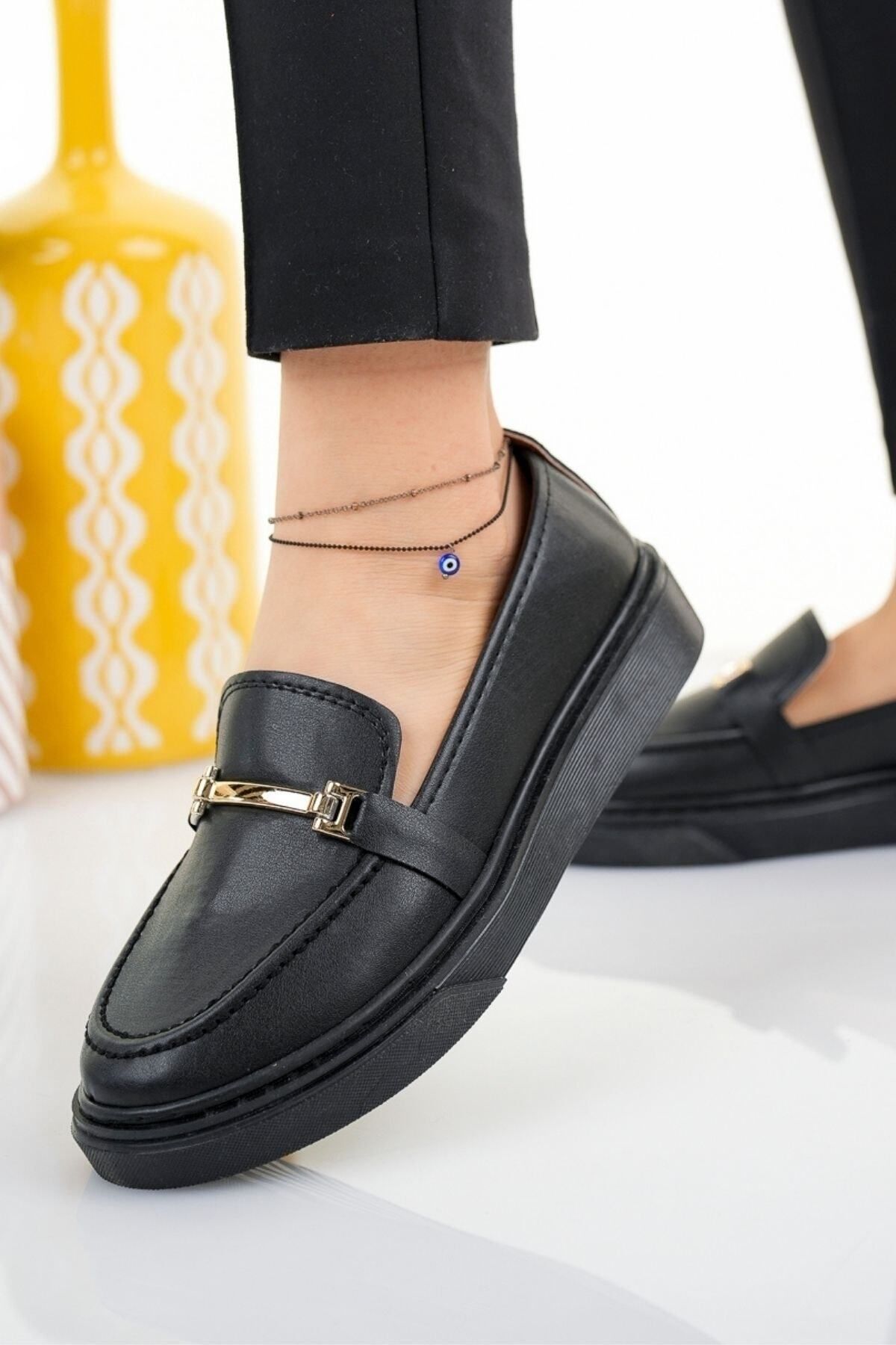 Modafırsat Kadın Siyah Kalın Taban Loafer Ayakkabı Iş Ofis Günlük Ortopedik Babet Ayakkabı
