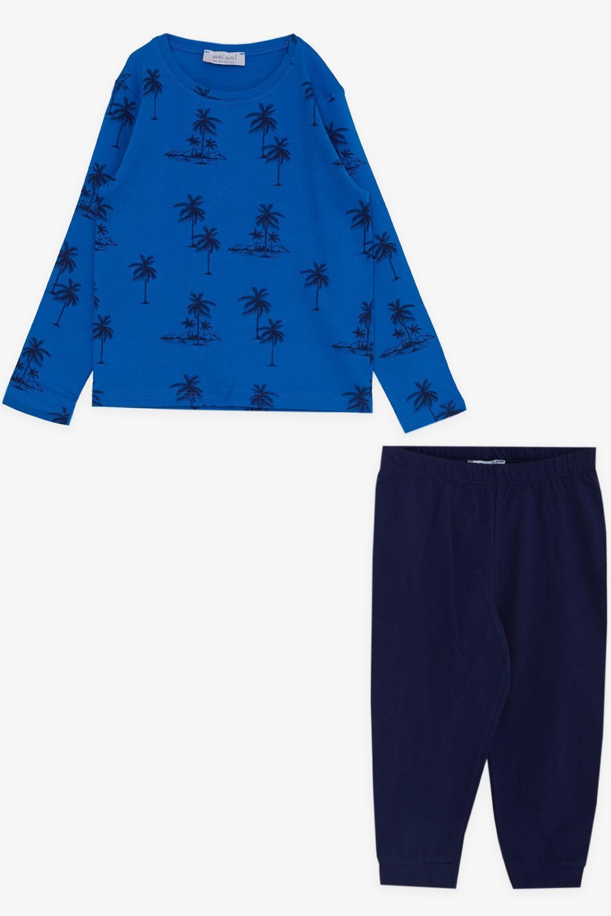 Macawi Breeze Erkek Çocuk Pijama Takımı Palmiye Desenli 3-7 Yaş, Saks Mavisi