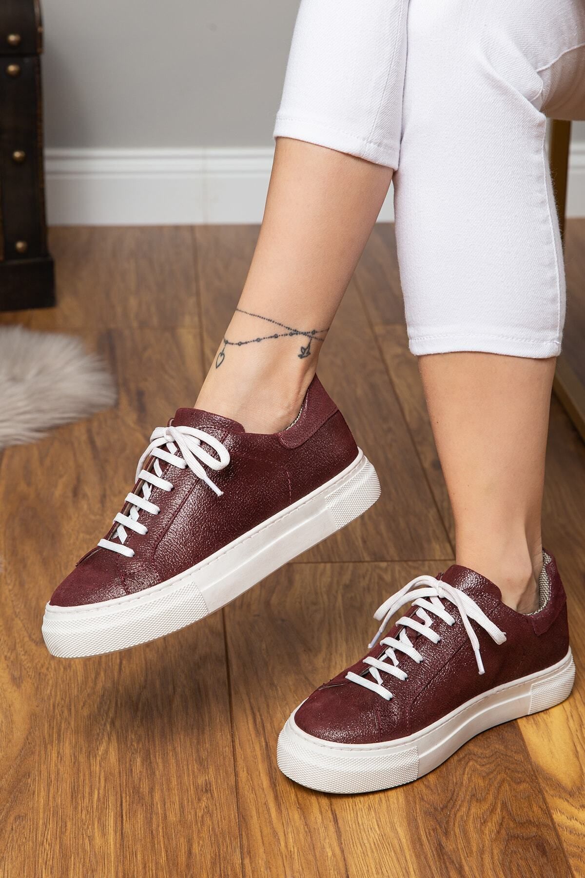 Deery Hakiki Nubuk Bordo Sneaker Kadın Ayakkabı