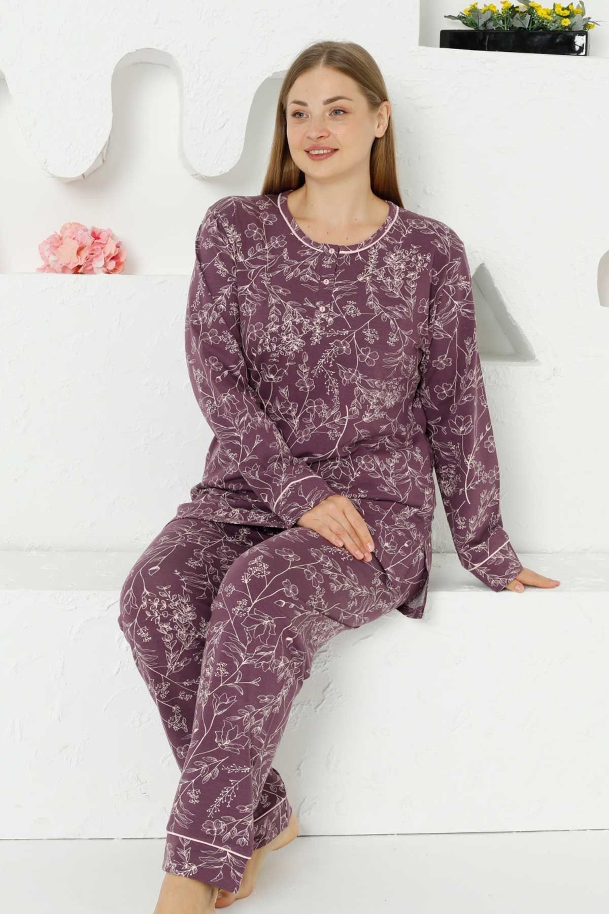 My Fashion World Pamuk Likralı Çiçek Desenli Battal Beden Mürdüm Kadın Pijama Takımı 2766