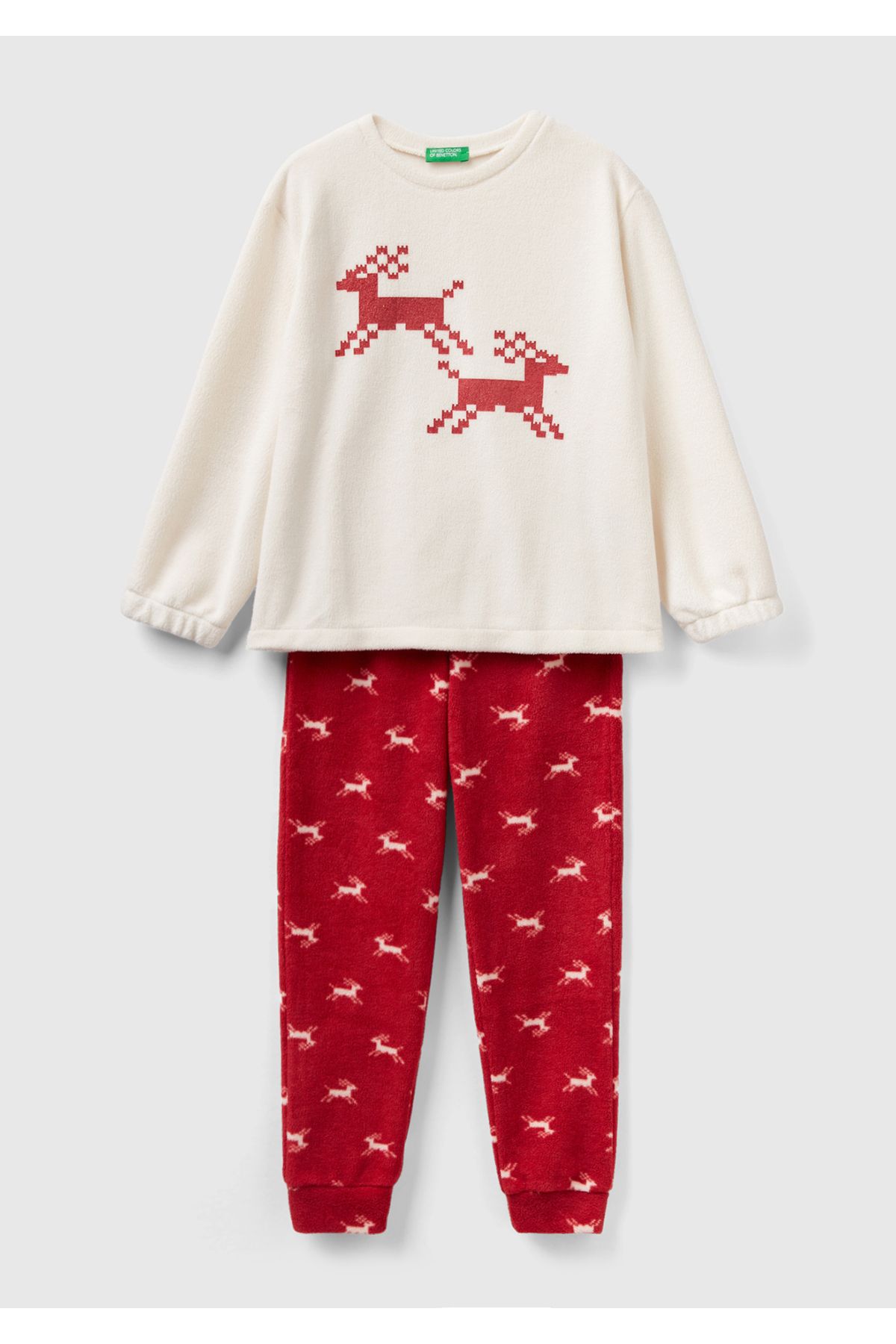 United Colors of Benetton Kız Çocuk Krem Hayvan Desenli Polar Pijama Takımı