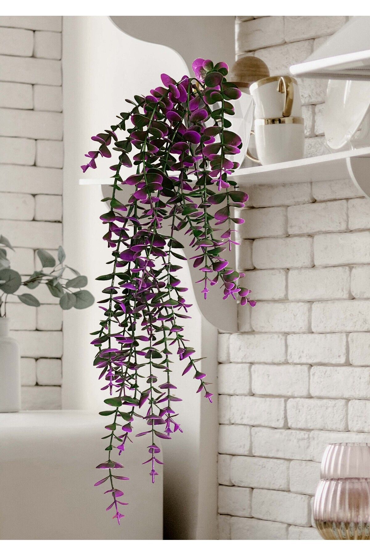 Lilac Home Özel Tasarım Iki Renkli Elmas Beyaz Saksılı Mor - Yeşil Okaliptus Sarkıtı