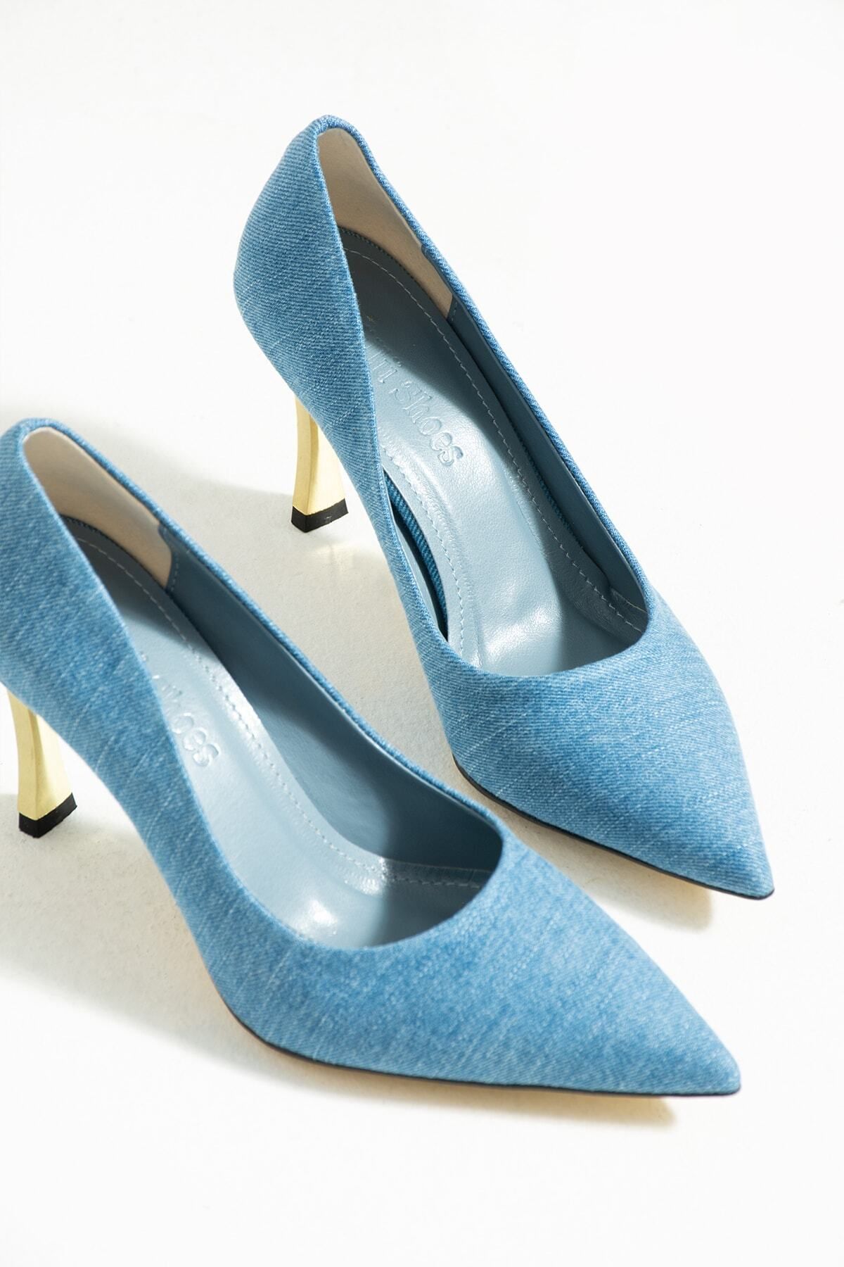 Güllü Shoes Kadın Topuklu Ayakkabı - Yüksek Topuklu Stiletto Rahat Şık ve İnce İş Ayakkabısı Mavi Kot 9 cm