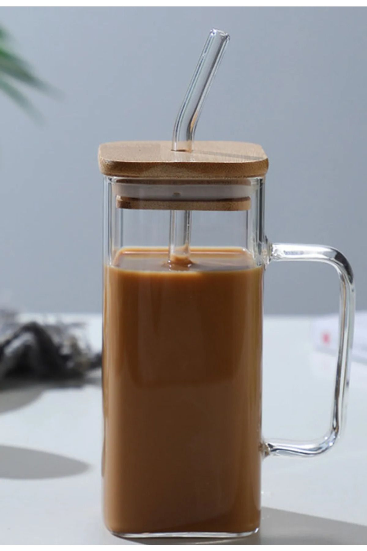 Hilamingo Home Bambu Kapaklı Kulplu Isıya Dayanıklı Termisil Cam Kupa Bardak Kokteyl Sunum Kahve Bardağı 350ml