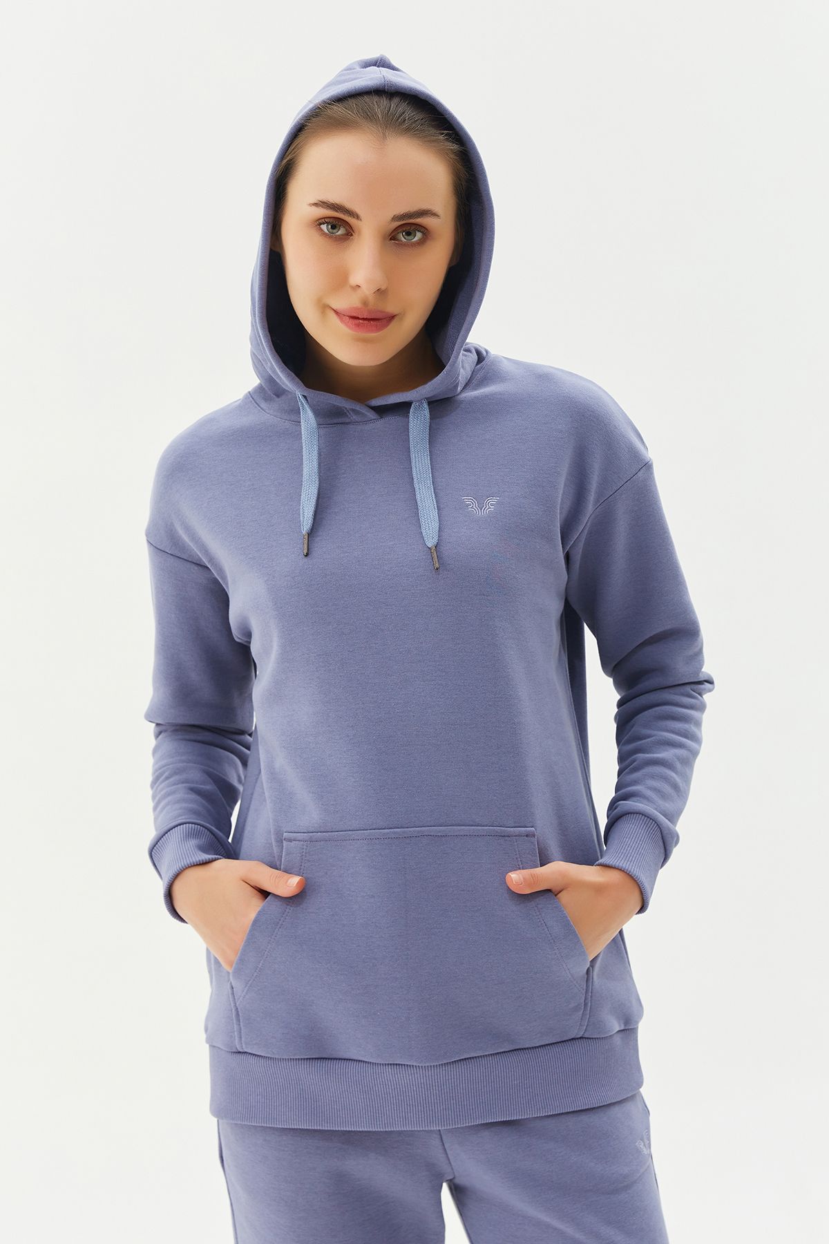 bilcee Kadın Mavi Kapüşonlu Kanguru Cepli Pamuklu Spor Düz Renk Sweatshirt 8785