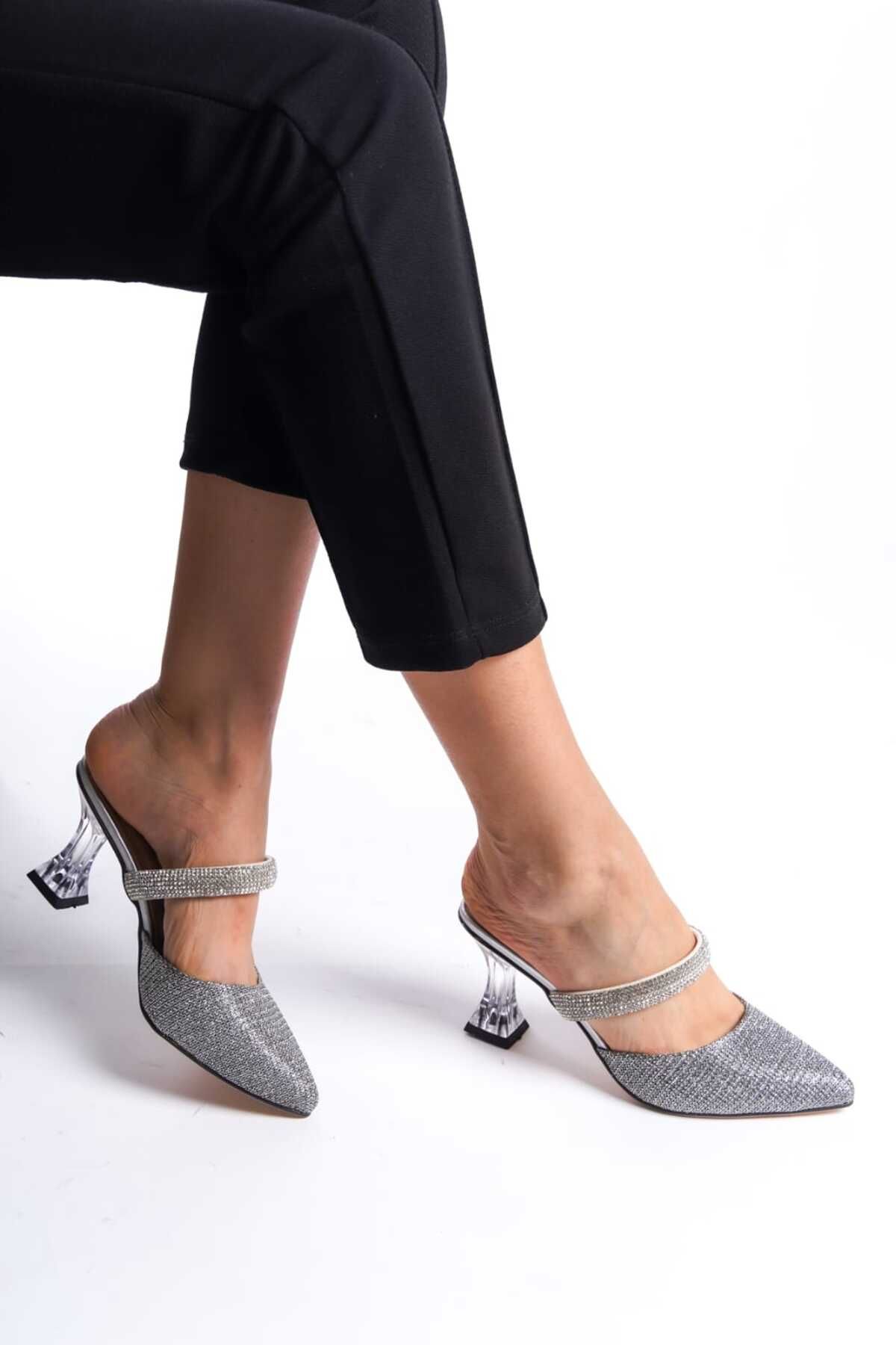 Weynes Kadın Gümüş 7 cm Şeffaf Topuklu Abiye Topuklu Ayakkabı ve Terlik WSB0670