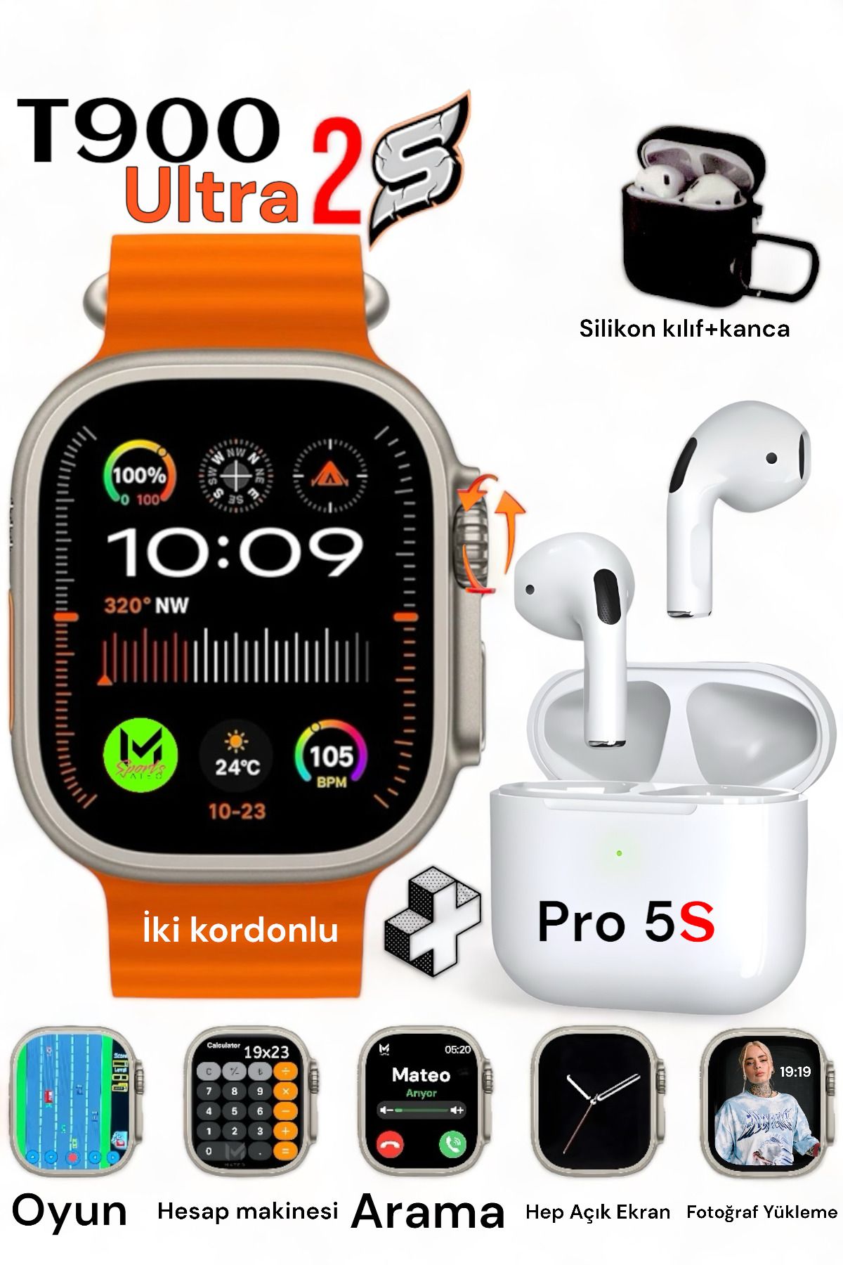 MATEO Akıllı Saat Watch 8 T900 Ultra 2S 2.3inch Arama +i Tws Pro 5S Dokunmatik Bluetooth Kulaklık 2li set