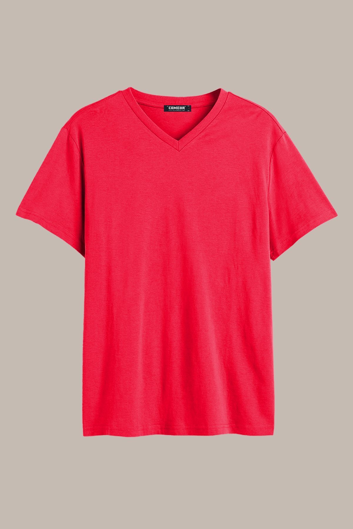 COMEOR Erkek Kırmızı Basıc Regular Fit Pamuklu Kısa Kollu V Yaka T-shirt