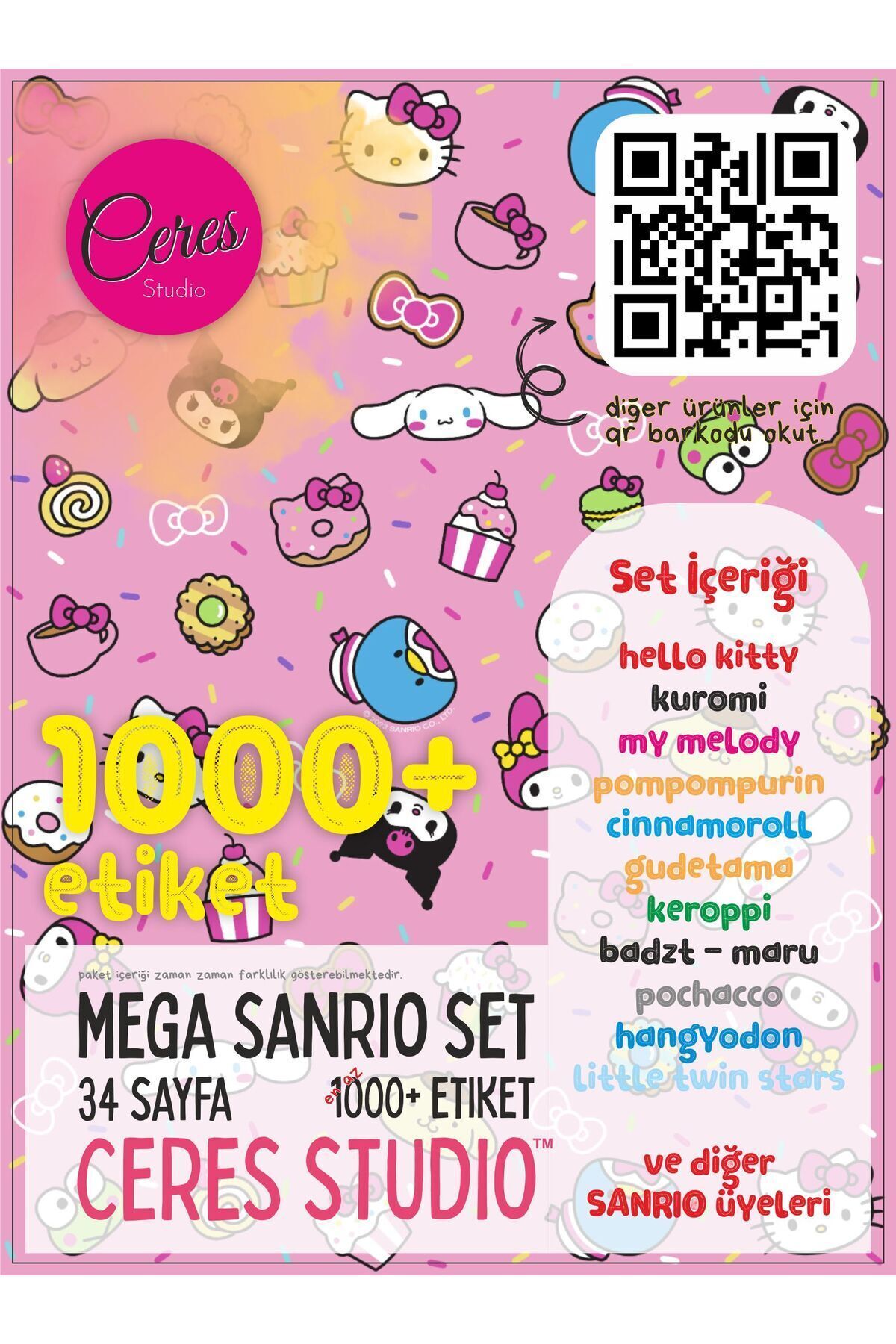 Ceres Studio Sanrio Sticker Set Hello Kitty Kuromi Melody Cinnamoroll 34 Syf 1000 Journal Telefon Etiket