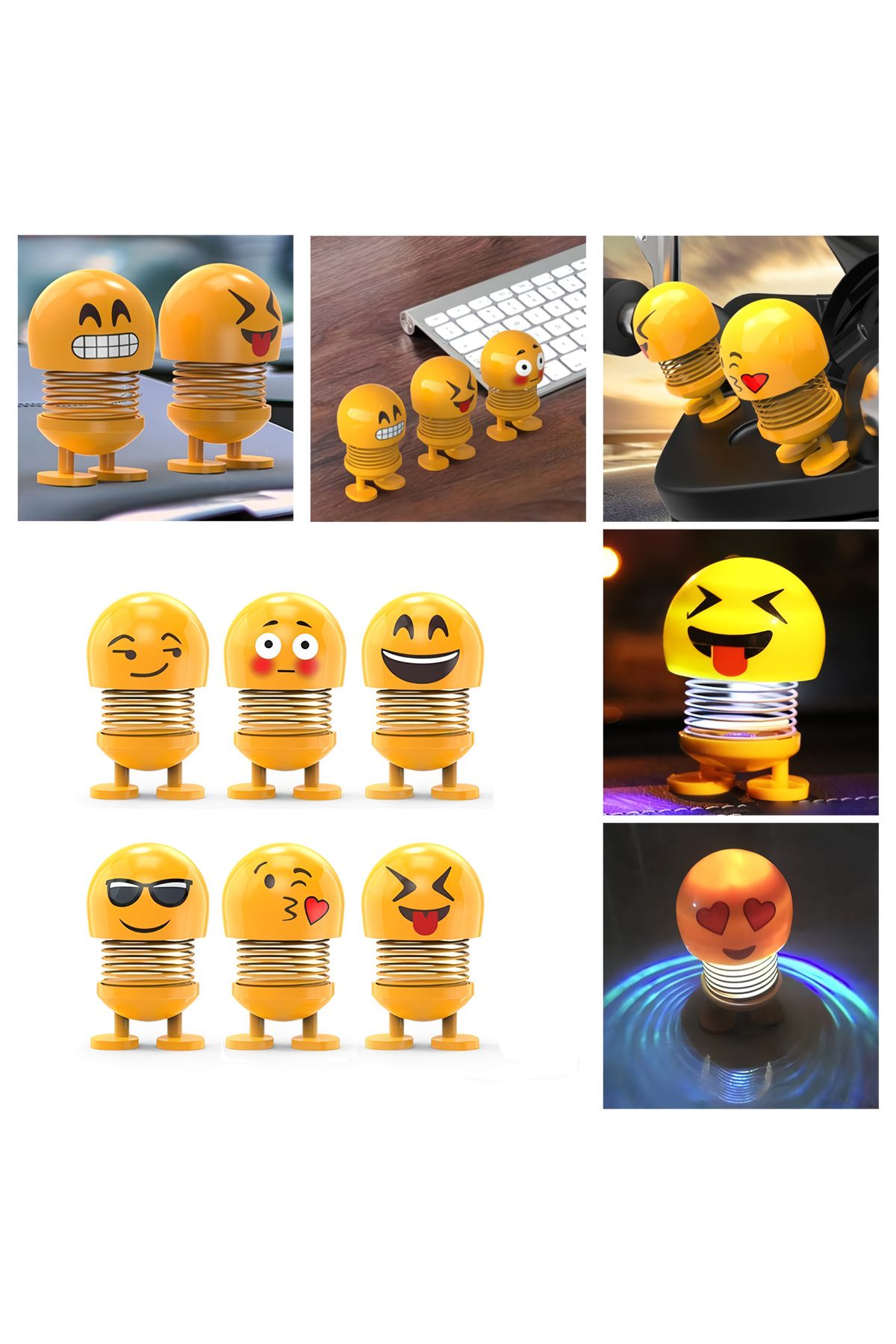 e-life shop Emoji Smile Zıp Zıp Kafalar Mini Gülen Yüzler Araç Torpido & Masaüstü Süsü 6'lı Oyuncak Seti