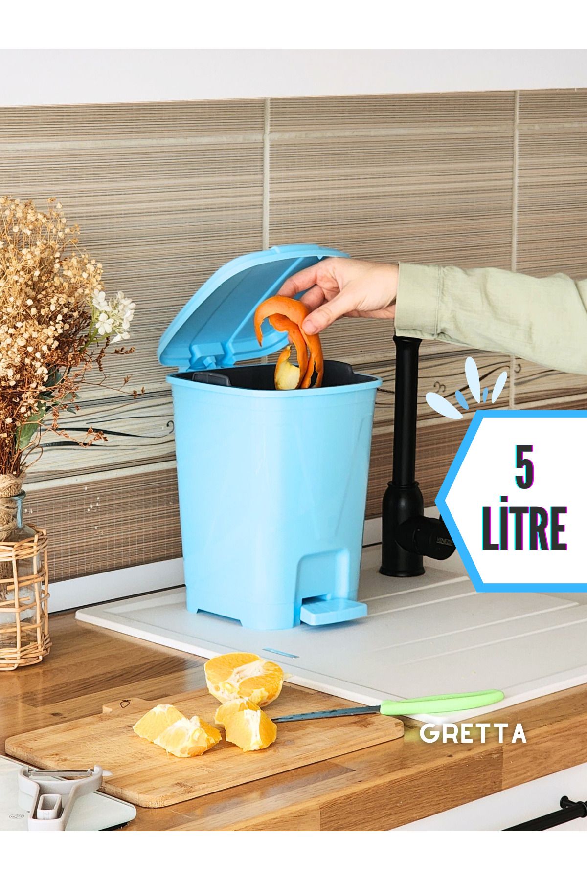 Gretta 5 Litre Açık Mavi Kare Pedallı Çöp Kovası - Mutfak Tezgah Üstü, Banyo Ve Ofis Için Çöp Kovası