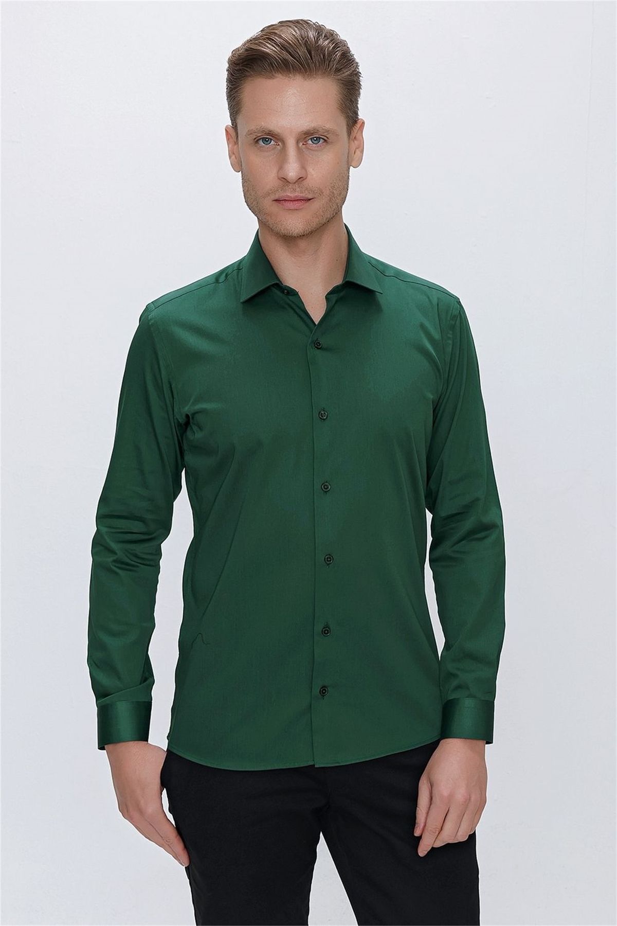 Efor Gk 669 Slim Fit Yeşil Klasik Gömlek