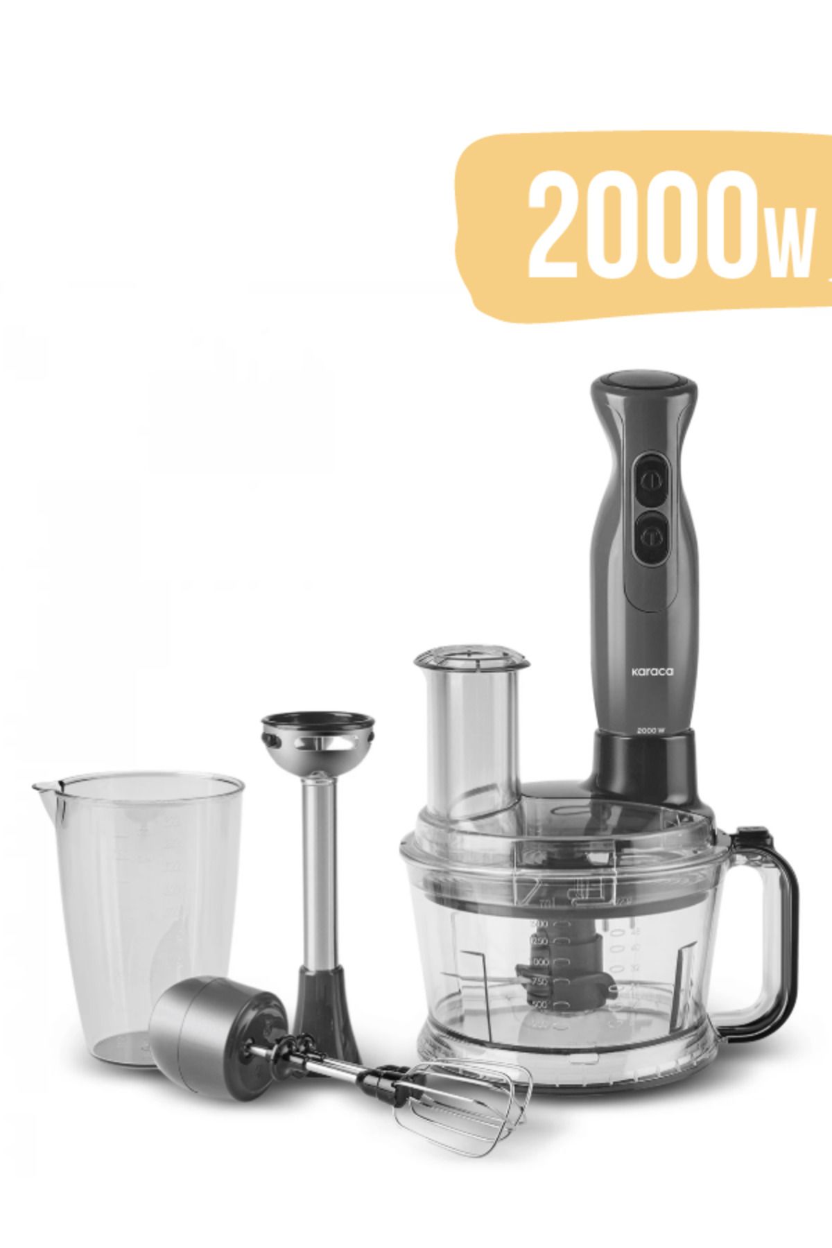 Karaca 2000W Turbo Doğrayıcı, Dilimleme Rondo, Blender - İkili çelik mikser 6 in 1 Çok Amaçlı Mutfak Robotu