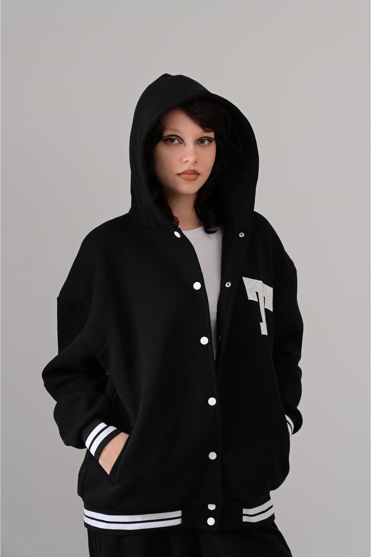 Touz Moda Streetwear T Nakış İşlemeli Unisex Oversize Kapüşonlu Siyah Kolej Ceket