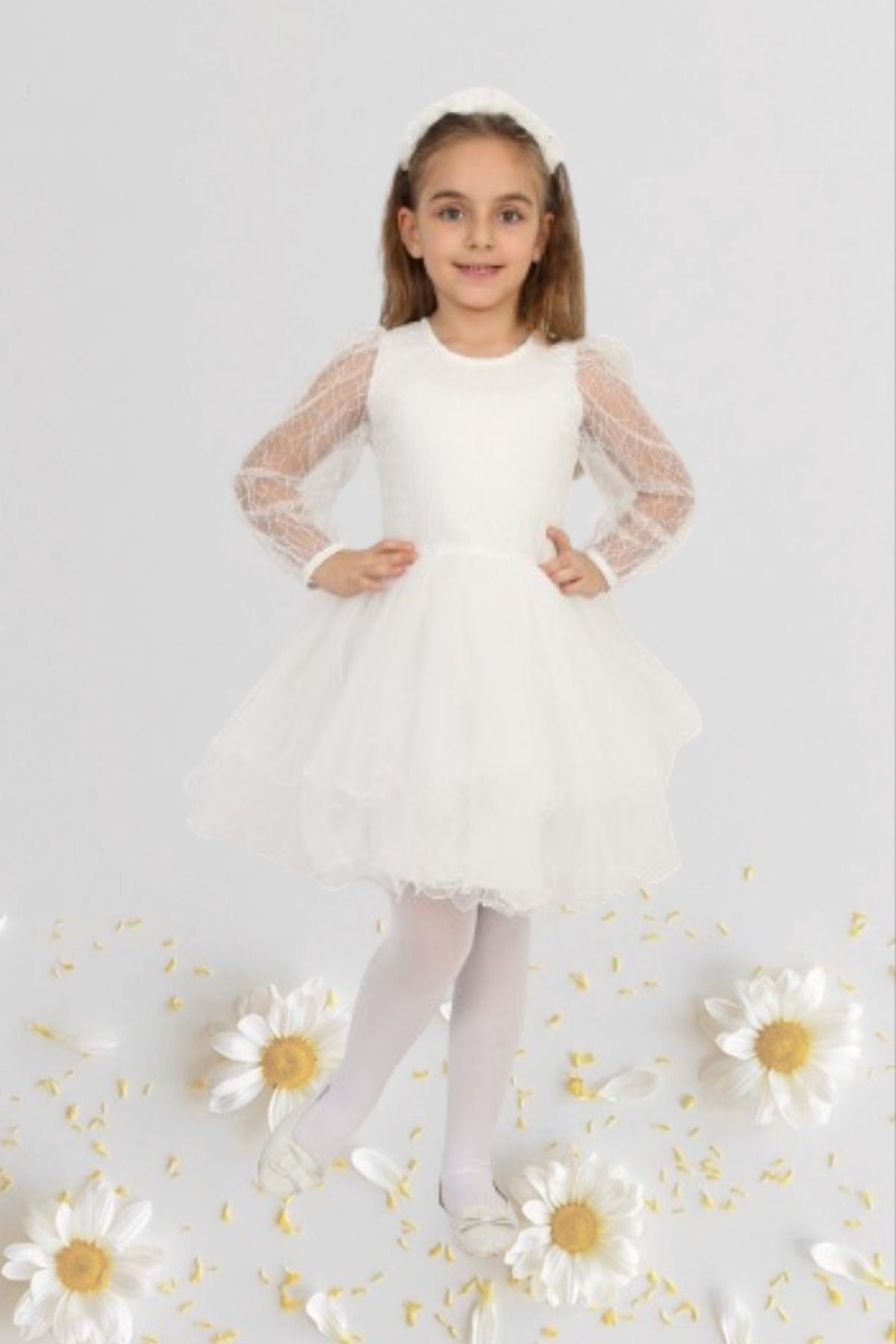 Nacar Kız Çocuk 23 Nisan Okul Gösteri Doğum Günü Tüllü Beyaz Kısa Elbise 024