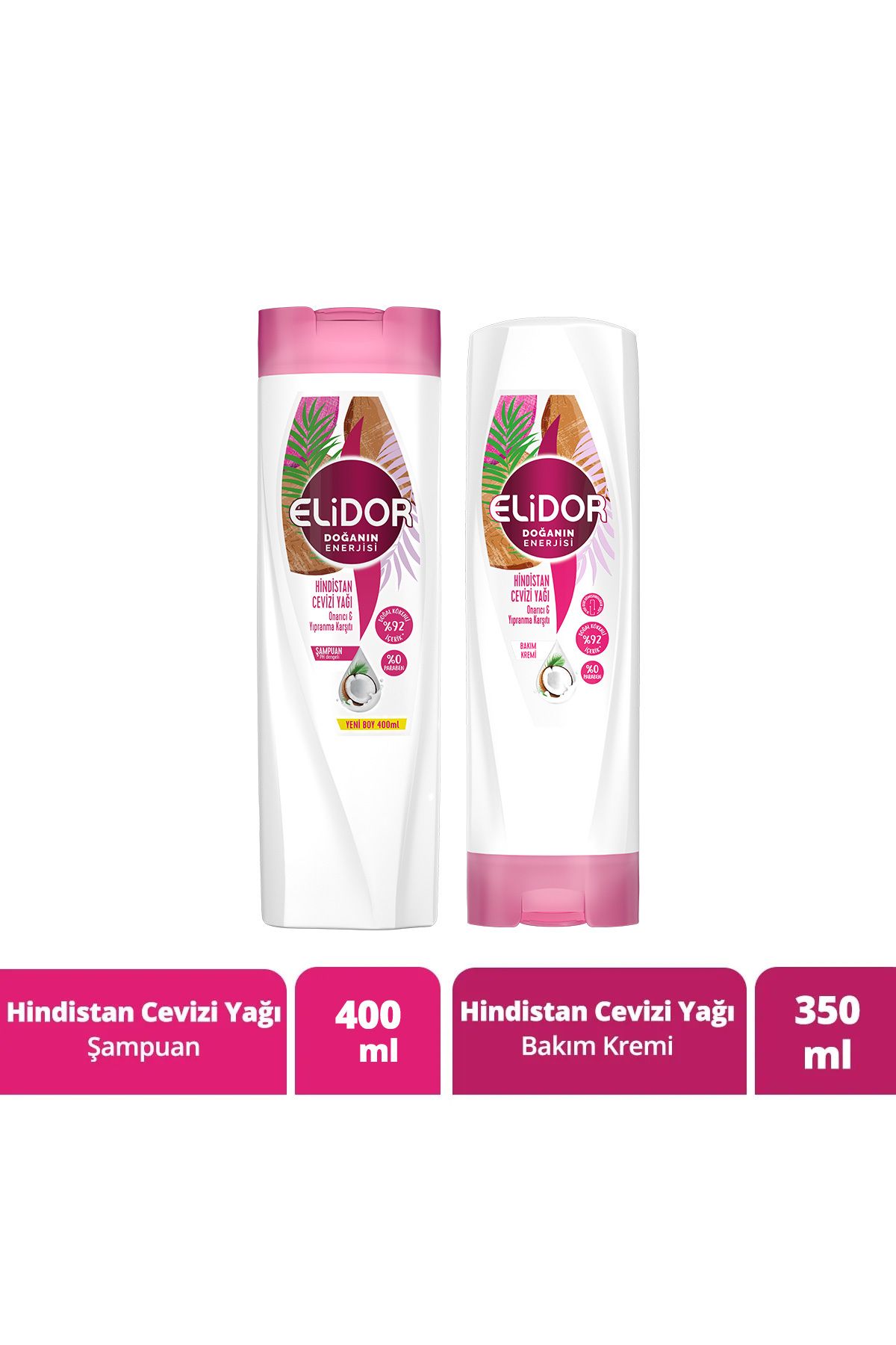 Elidor Doğanın Enerjisi Saç Bakım Şampuanı Hindistan Cevizi Yağı 400 ml Saç Bakım Kremi 350 ml