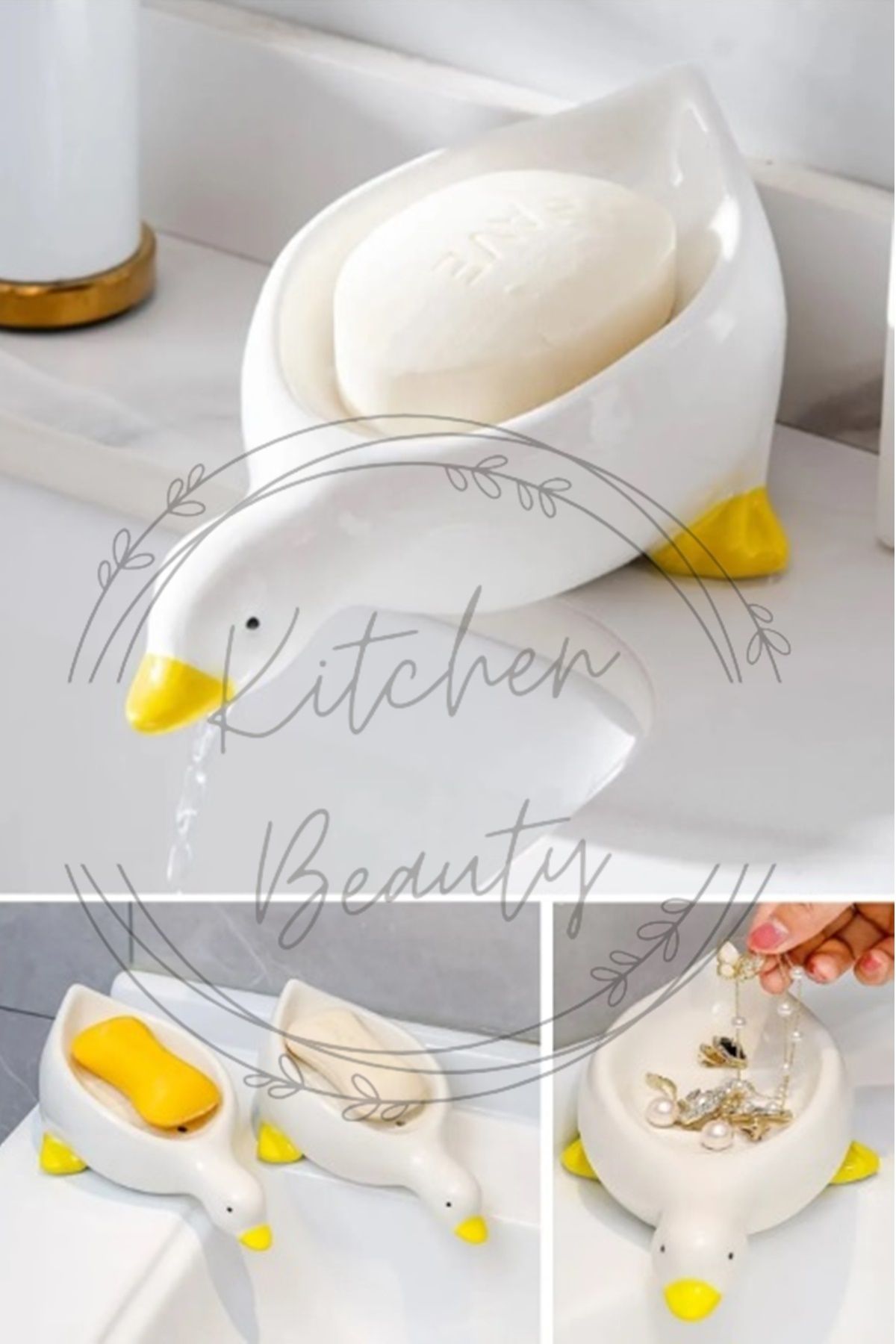 Kitchen Beauty Pratik Sevimli Ördek Desenli Kendinden Boşaltmalı Su Tutmaz Katı Sabunluk Lavabo Üstü Sabunluk