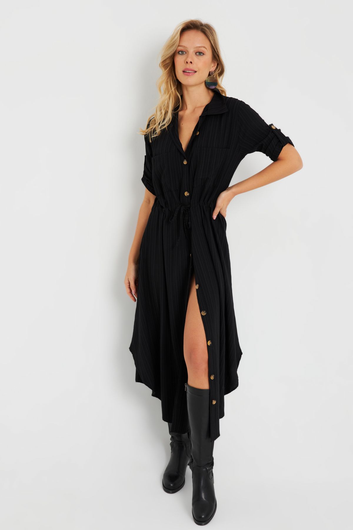 Cool & Sexy Kadın Midi Gömlek Elbise Siyah Q984