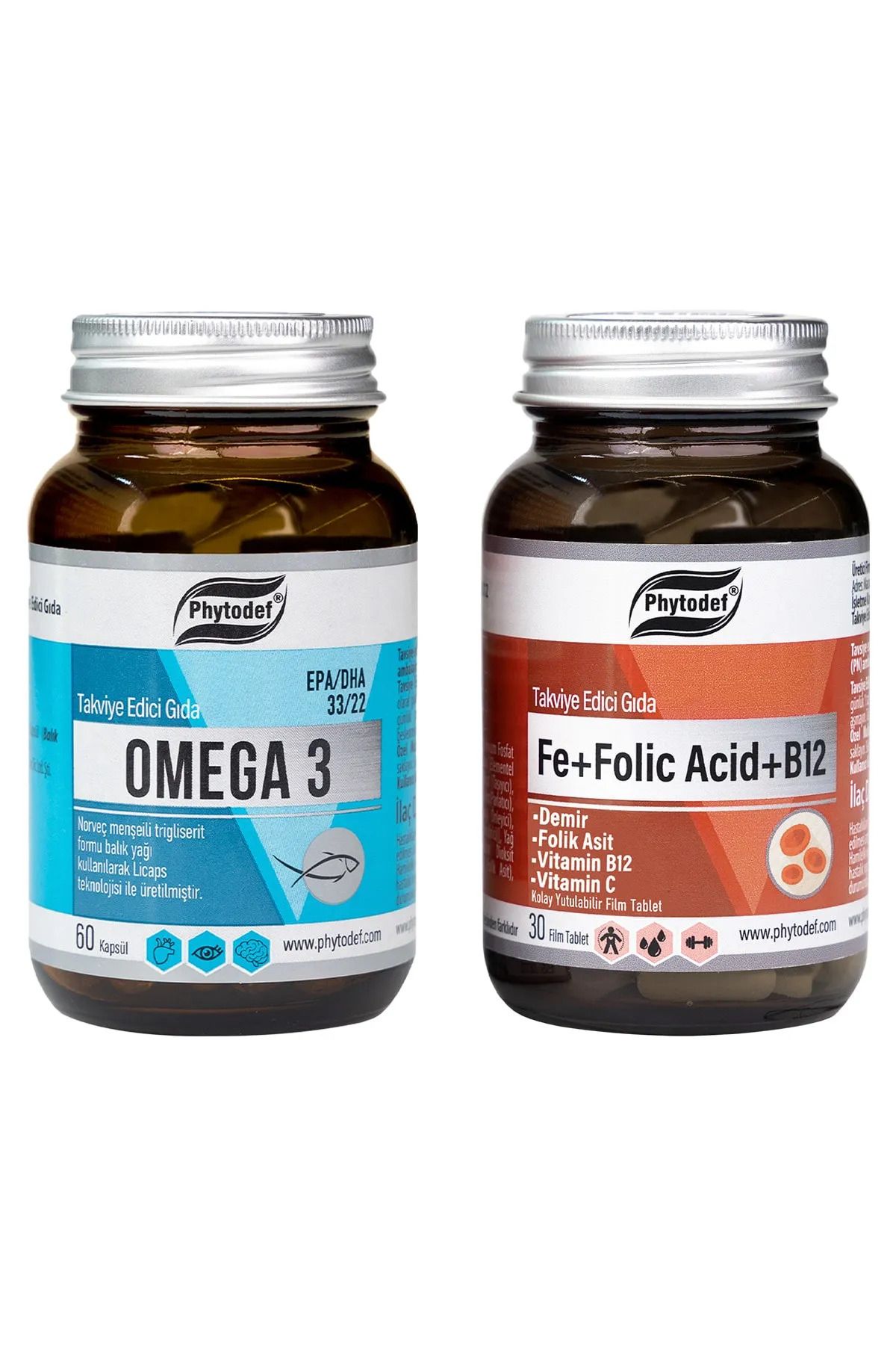 Phytodef Demir + Folik Asit + Vitamin B12 + Vitamin C - 30 Tablet & Omega 3 - 60 Jel Kapsül