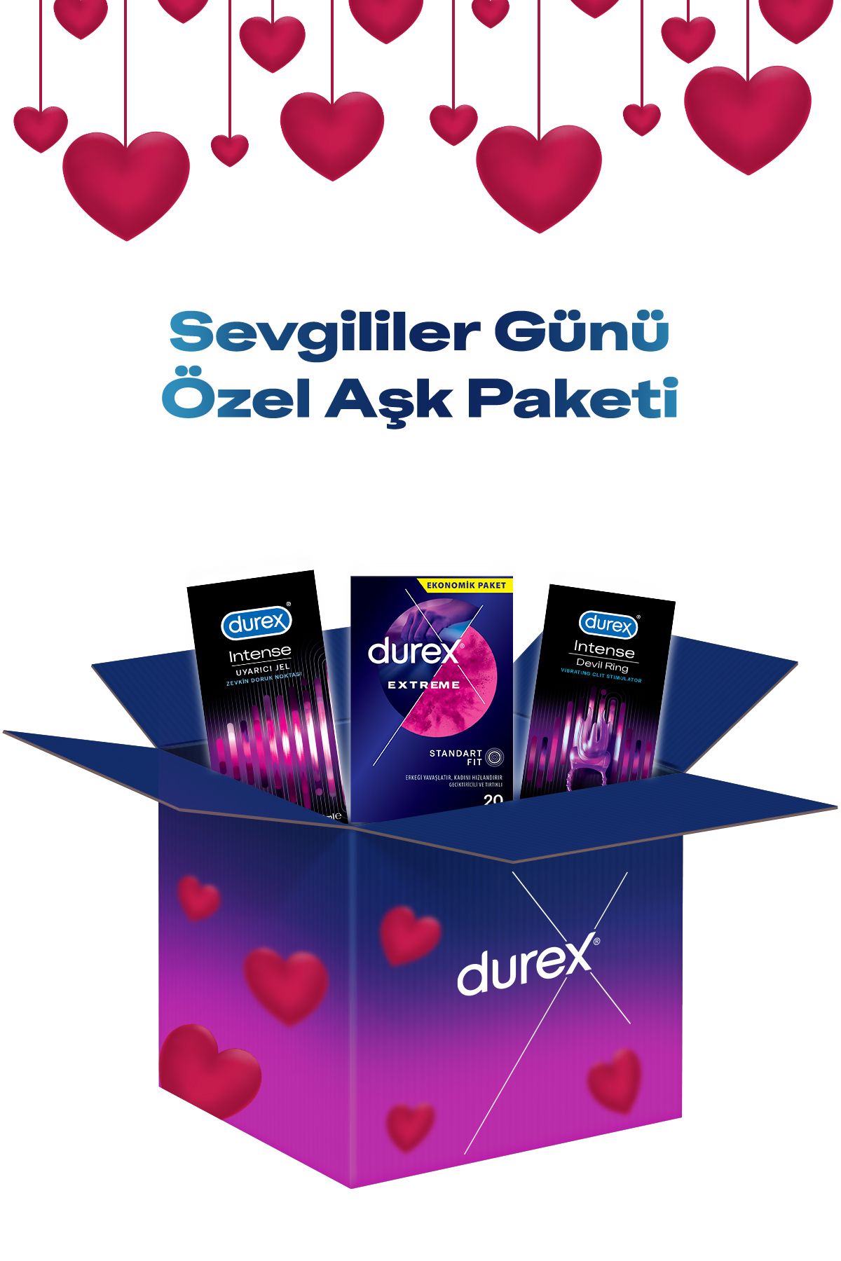 Durex Sevgililer Günü Extreme Prezervatif 20li+Devil Ring Titreşimli Halka+Intense Uyarıcı Jel 10ml Paketi