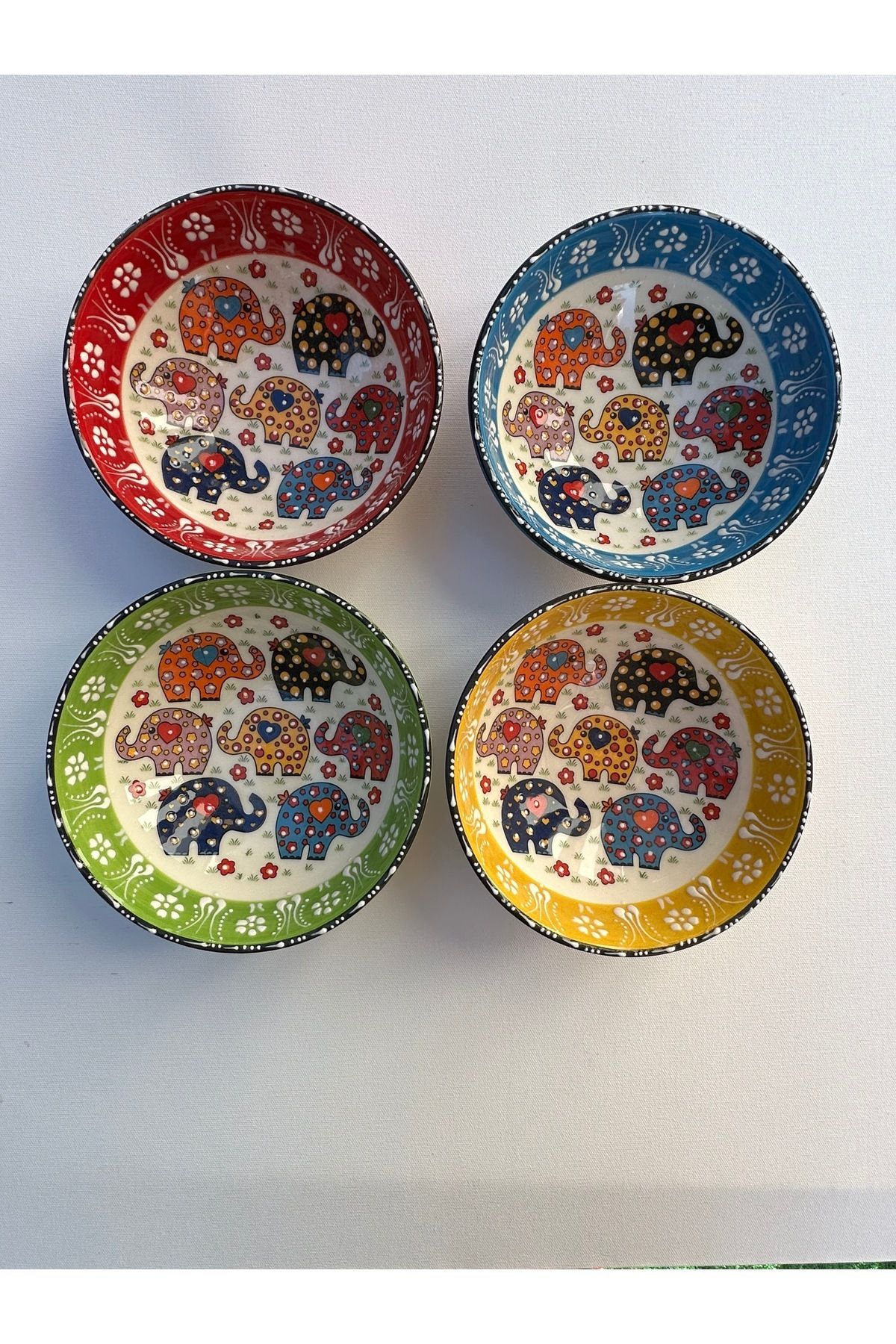PINKU Ceramics Oriental Fil Large El Yapımı El Boyaması Kase 4lü set
