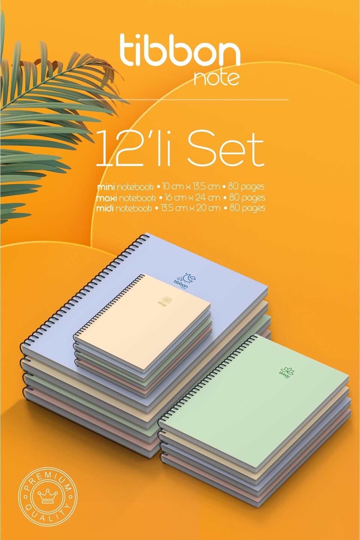 Tibbon Note 12 Li 4 Mini & 4 Midi & 4 Maxi Defter Spiralli 12'li Set Çizgisiz 43/48/53