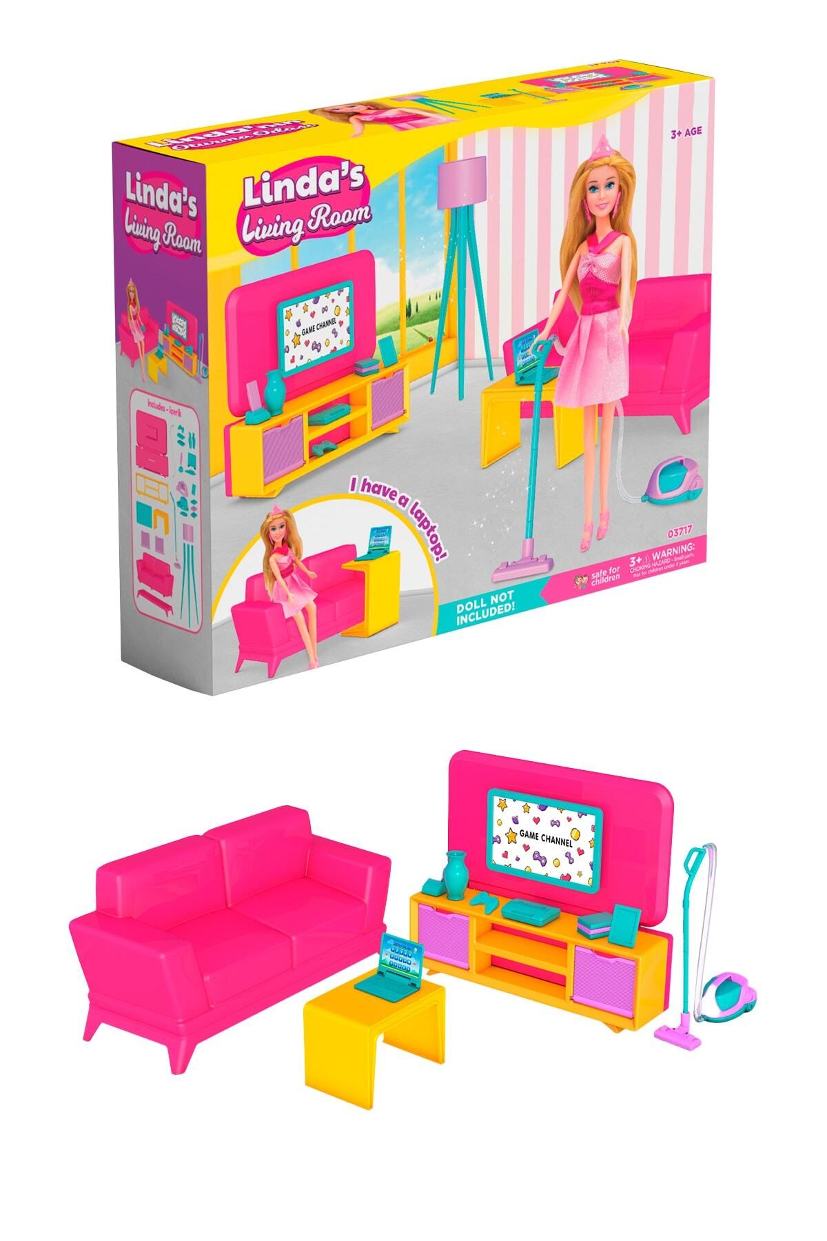 ToXA Linda'nın Oturma Odası Barbie Bebek Evcilik Seti Koltuk Sehpa Tv Ünite Süpürge Oda Oyun Set 03669