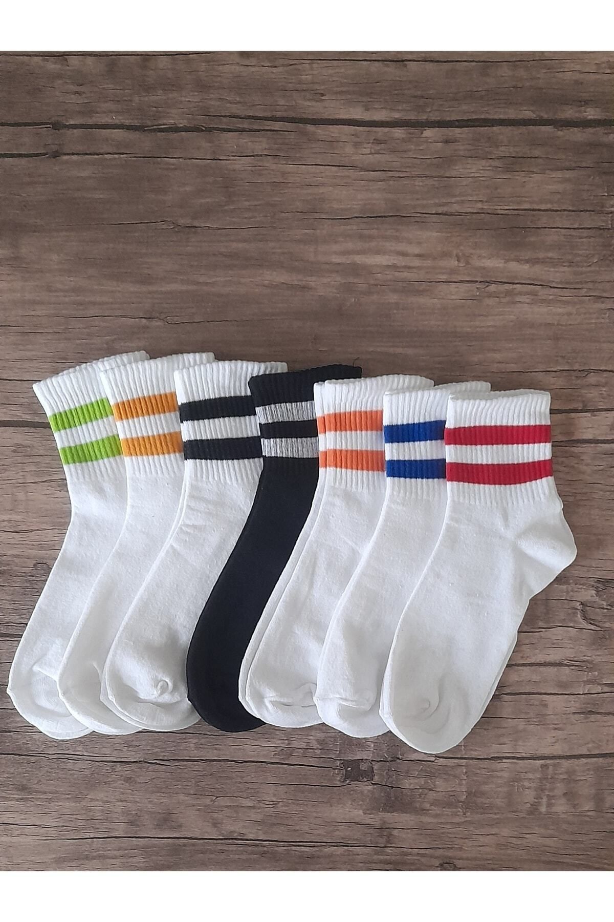 SOCKSHION Unisex Beyaz Çizgili Pamuklu Yarım Konç Çorap 7'li Paket Rahat Ve Şık